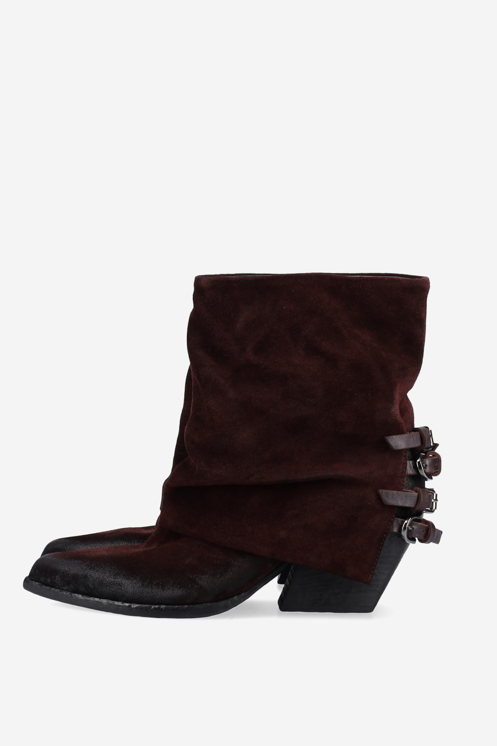 Fold-over pointed-toe suede boots
