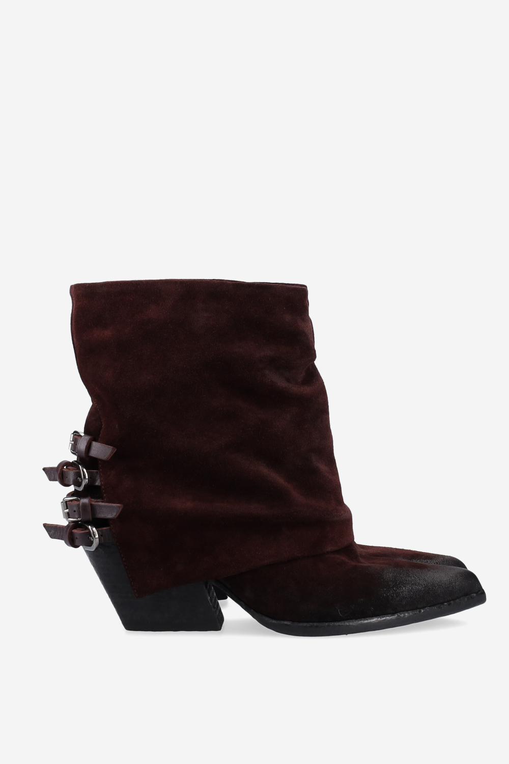 Fold-over pointed-toe suede boots
