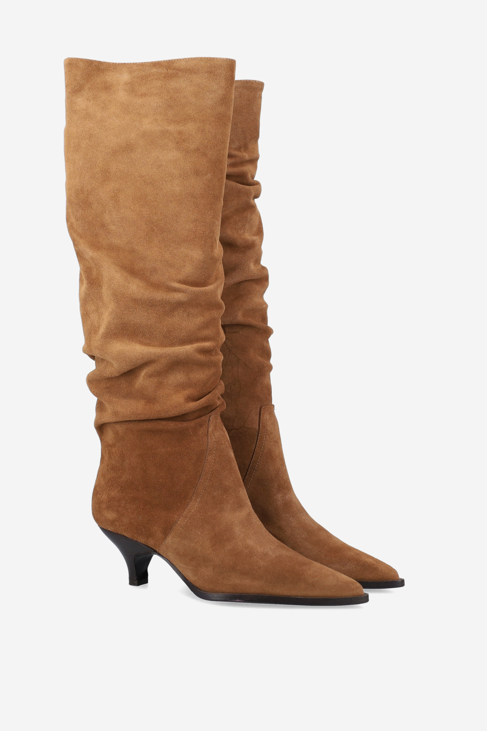 Pointed-toe draped suede boots