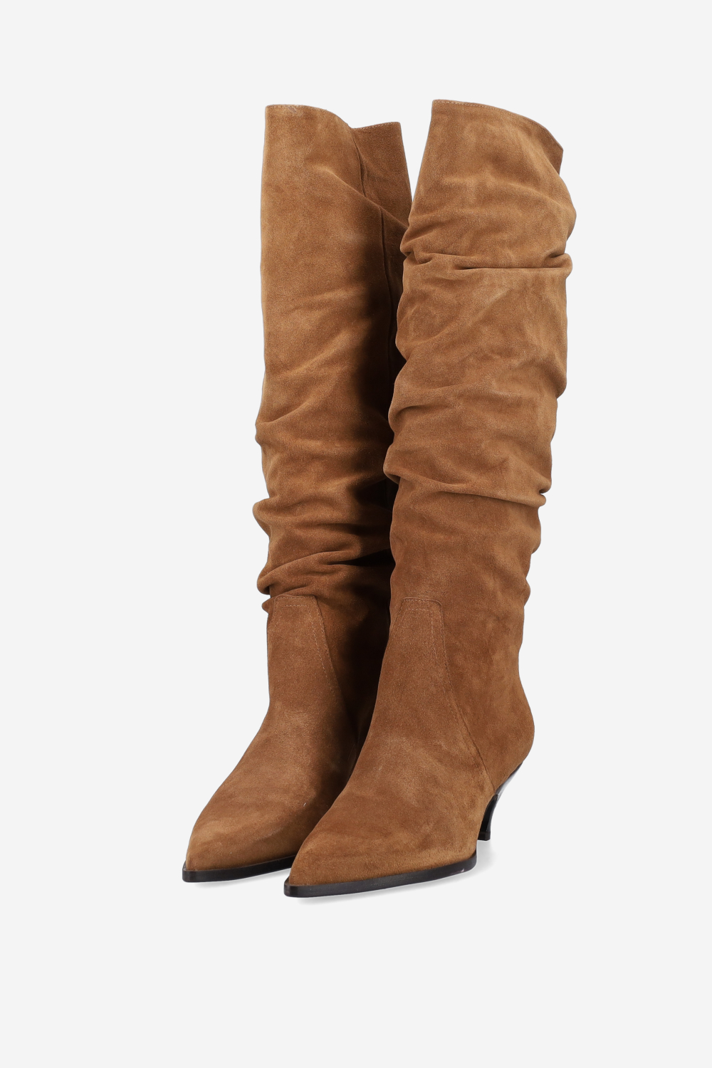 Pointed-toe draped suede boots