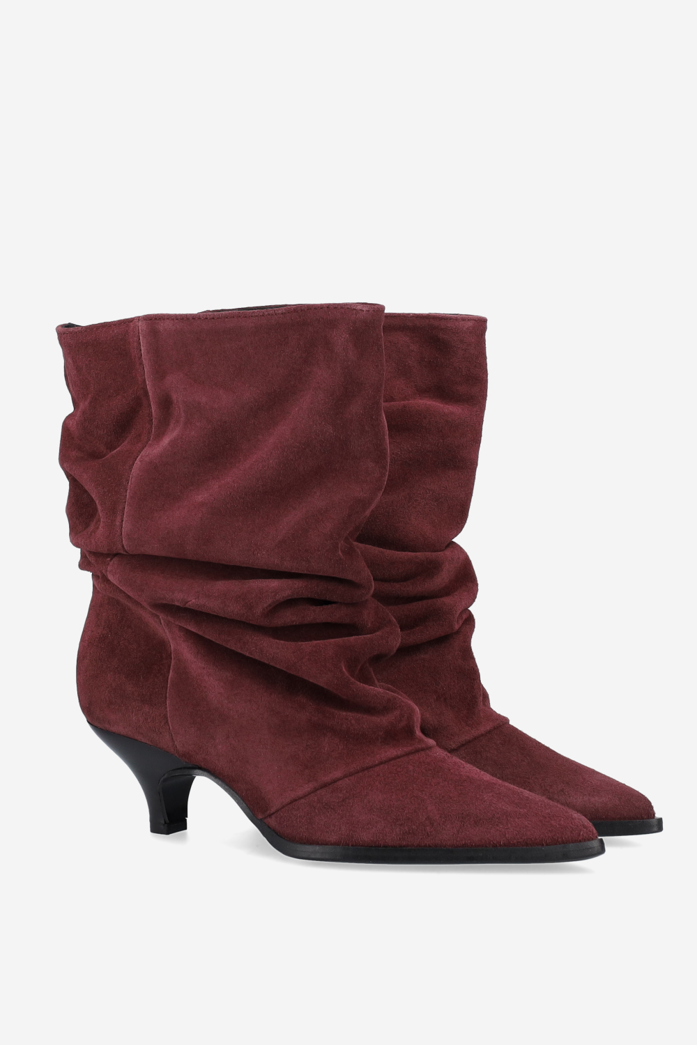 Pointed-toe draped ankle boots.