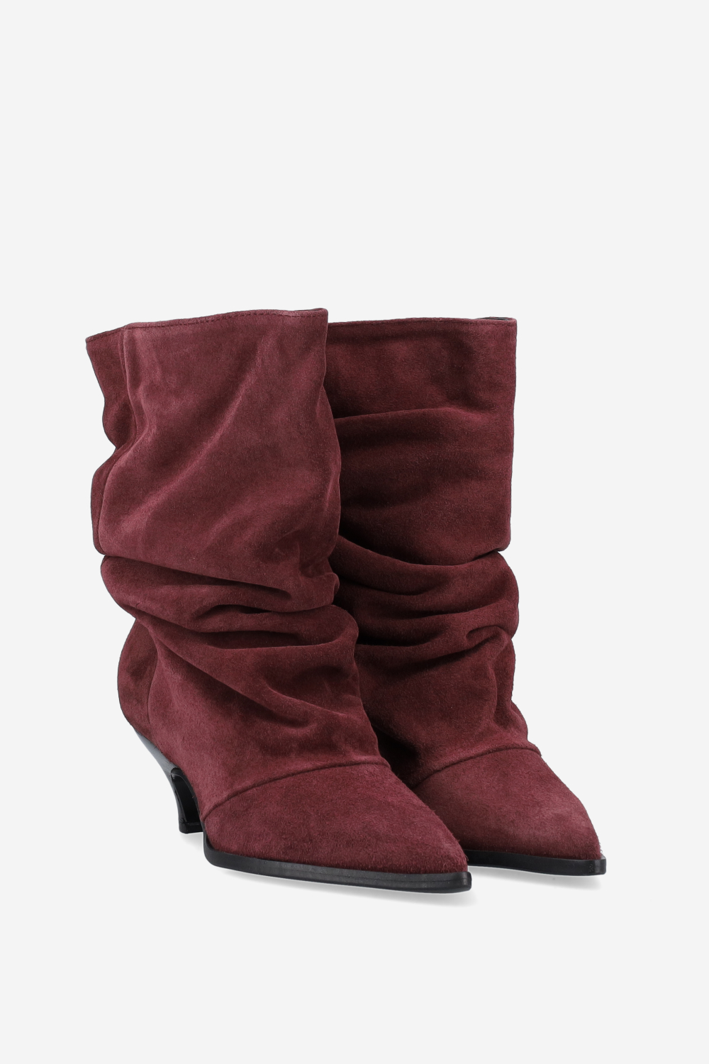 Pointed-toe draped ankle boots.