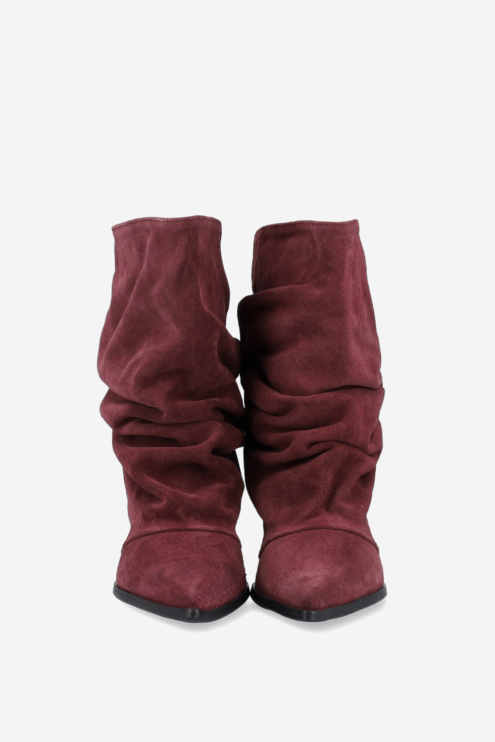 Pointed-toe draped ankle boots.
