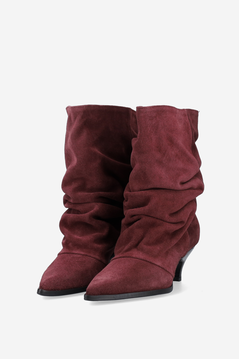 Pointed-toe draped ankle boots.