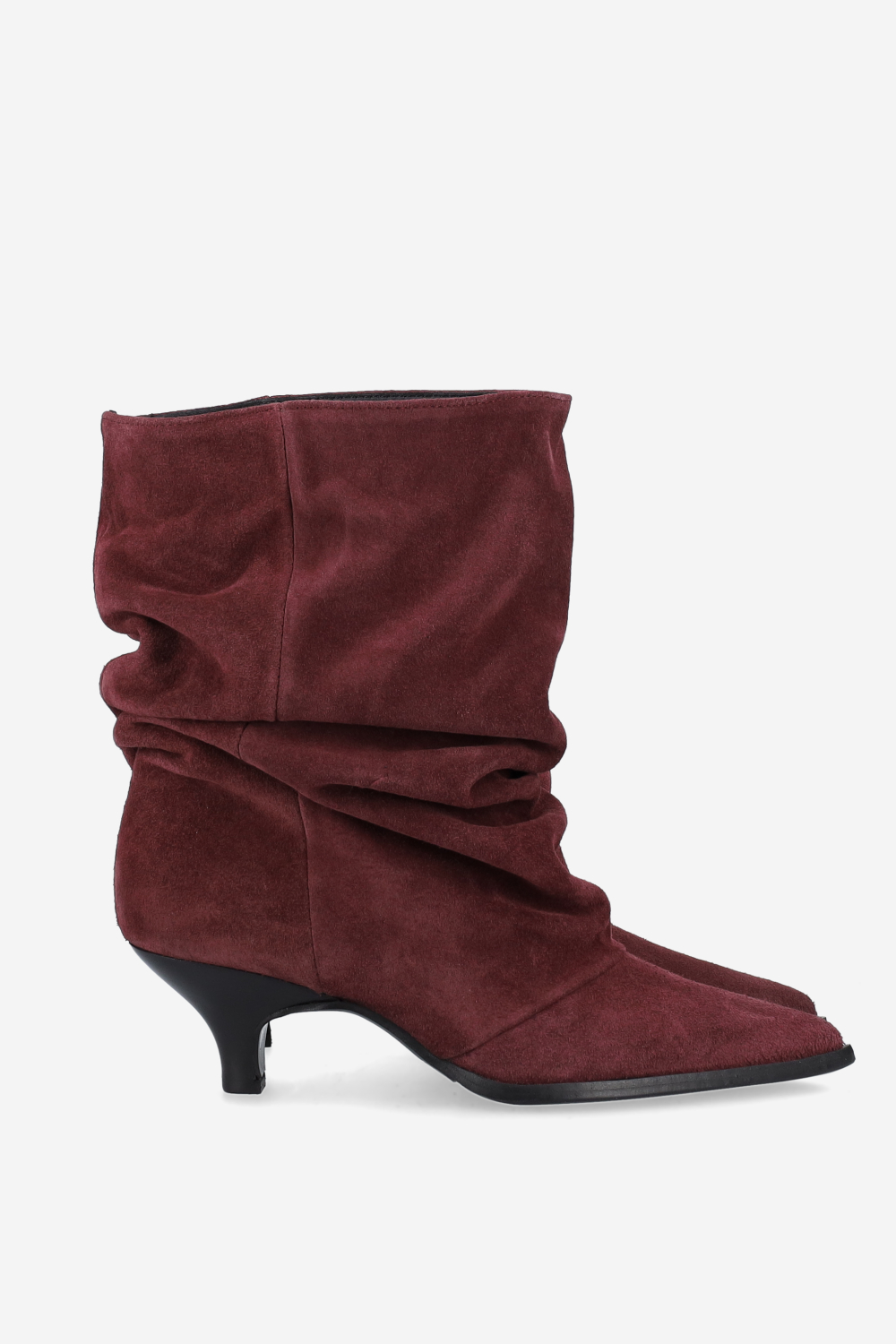 Pointed-toe draped ankle boots.