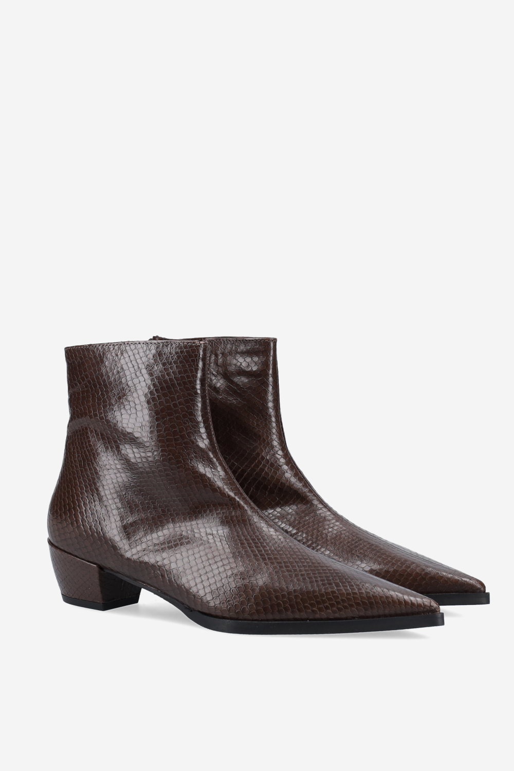 Pointed-toe croco leather ankle boots