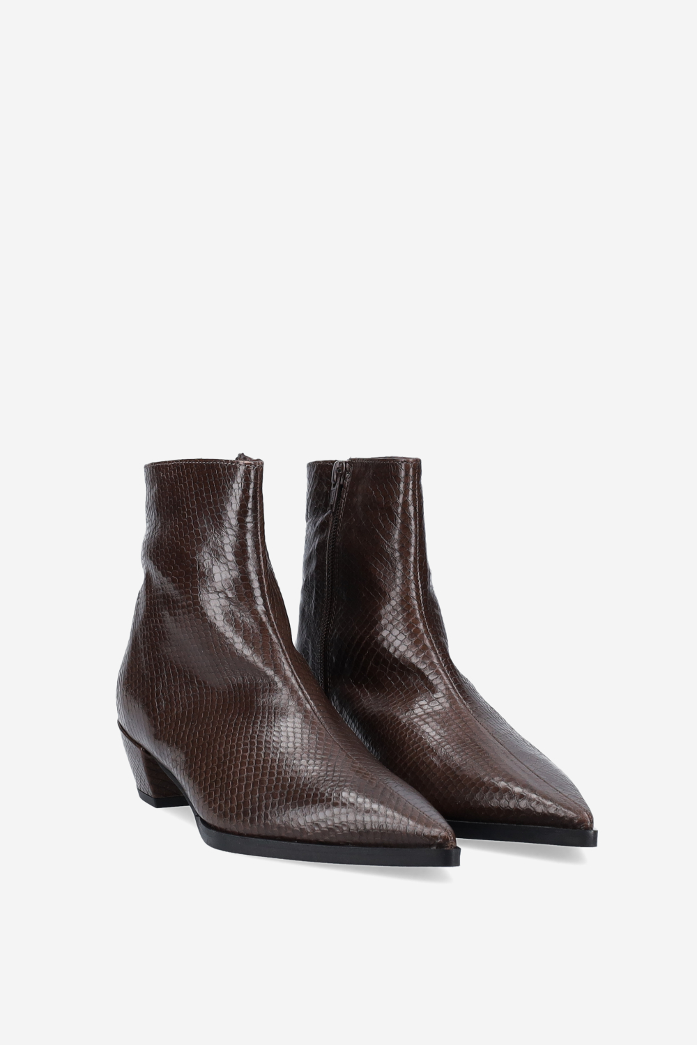 Pointed-toe croco leather ankle boots