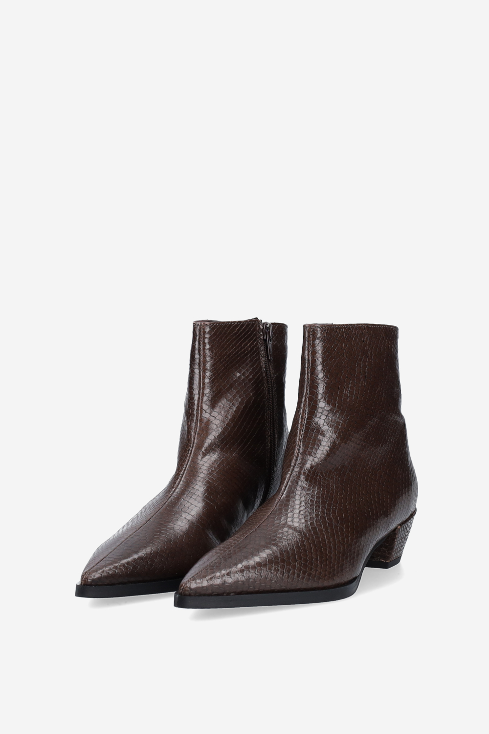 Pointed-toe croco leather ankle boots