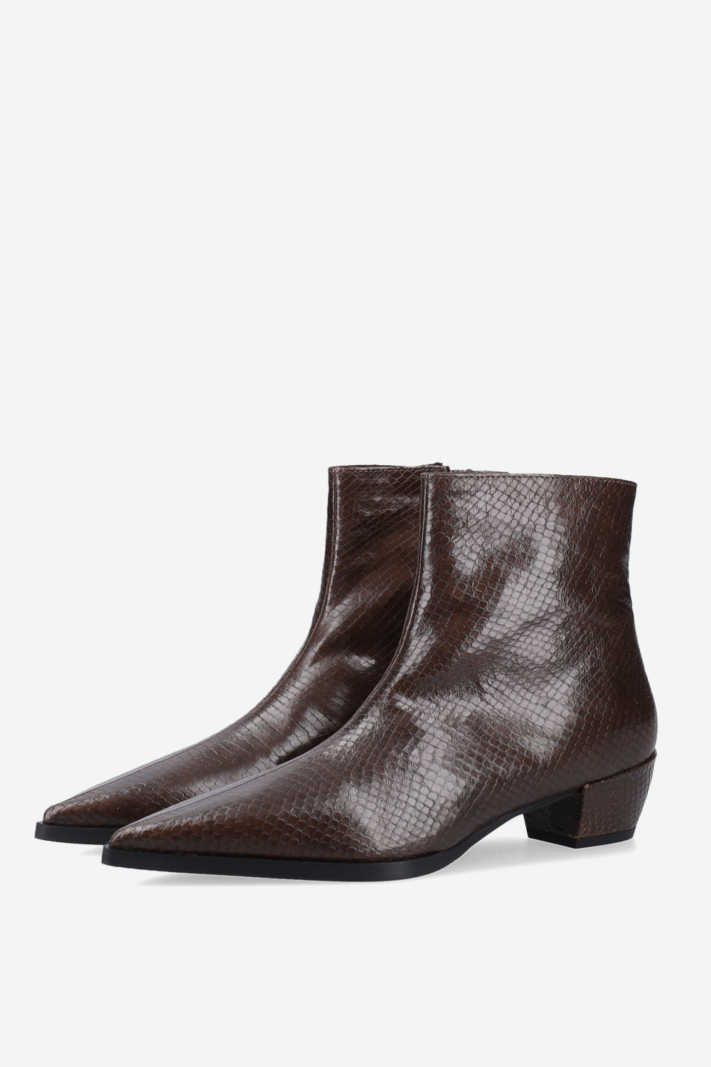 Pointed-toe croco leather ankle boots