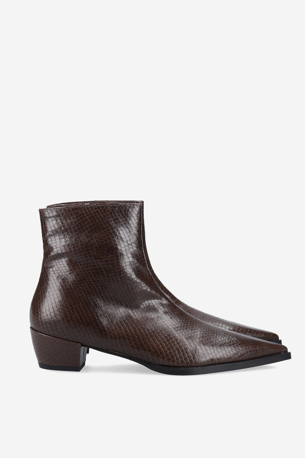 Pointed-toe croco leather ankle boots