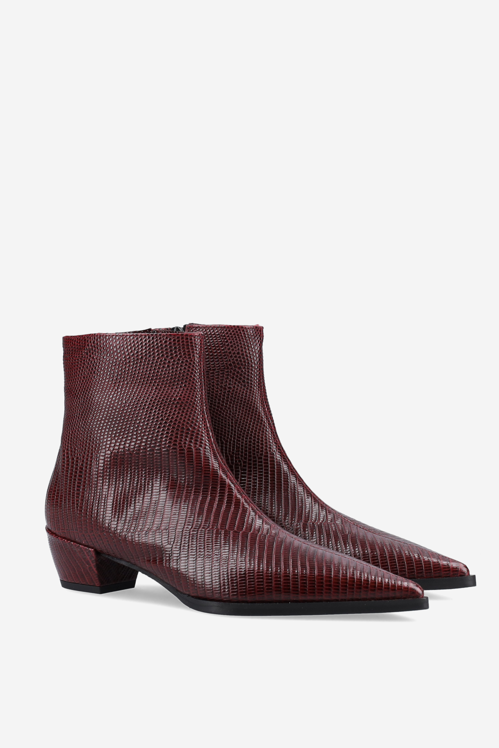 Pointed-toe croco leather ankle boots