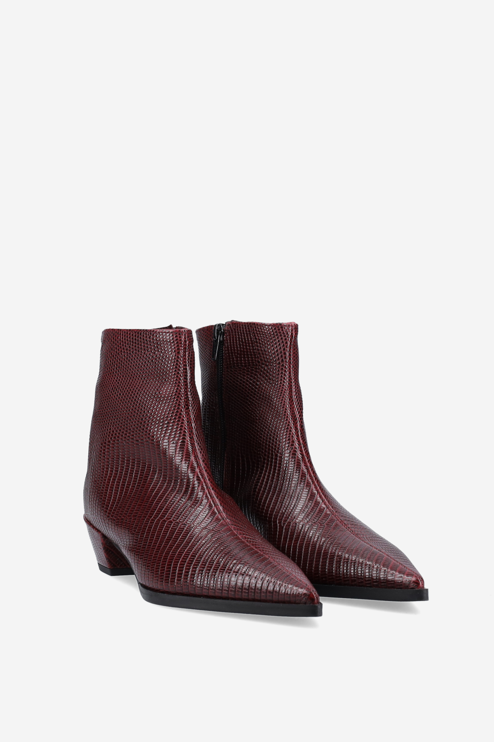 Pointed-toe croco leather ankle boots