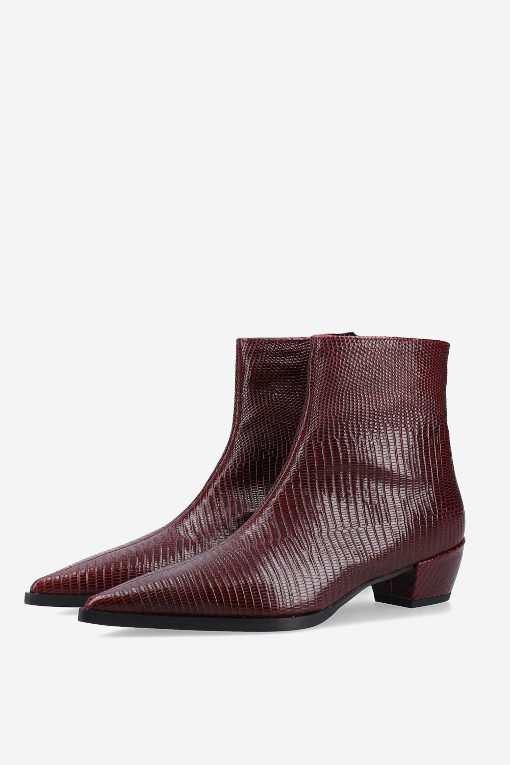 Pointed-toe croco leather ankle boots