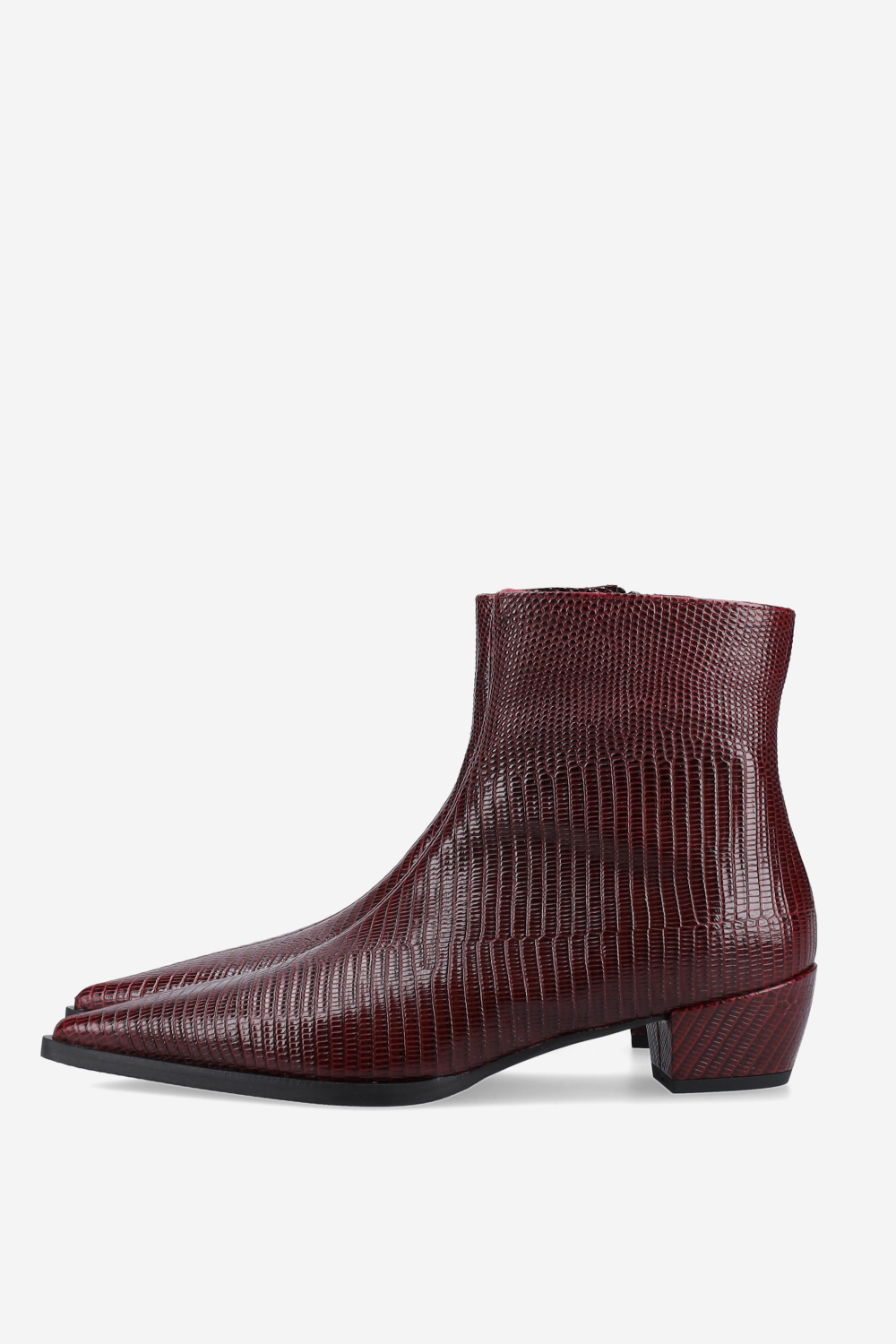 Pointed-toe croco leather ankle boots