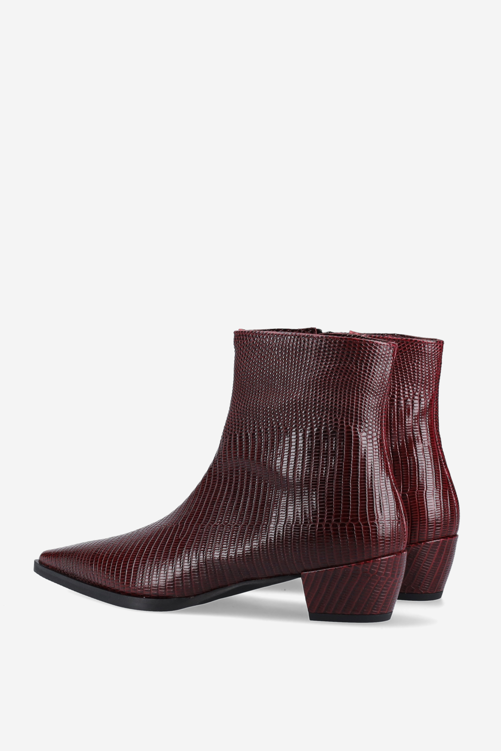 Pointed-toe croco leather ankle boots