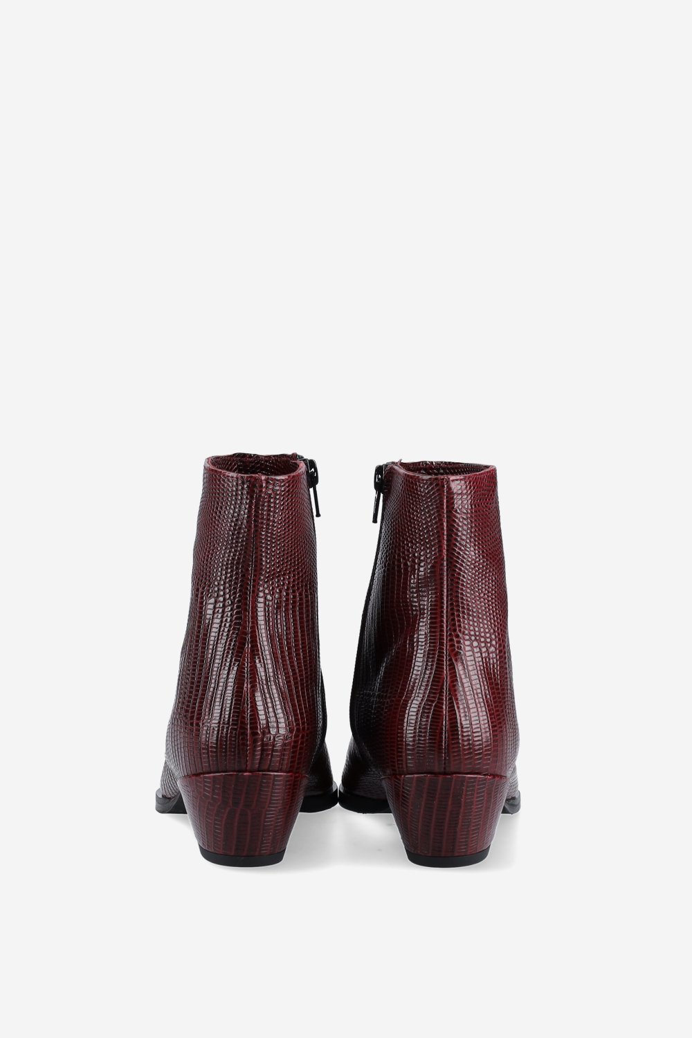 Pointed-toe croco leather ankle boots