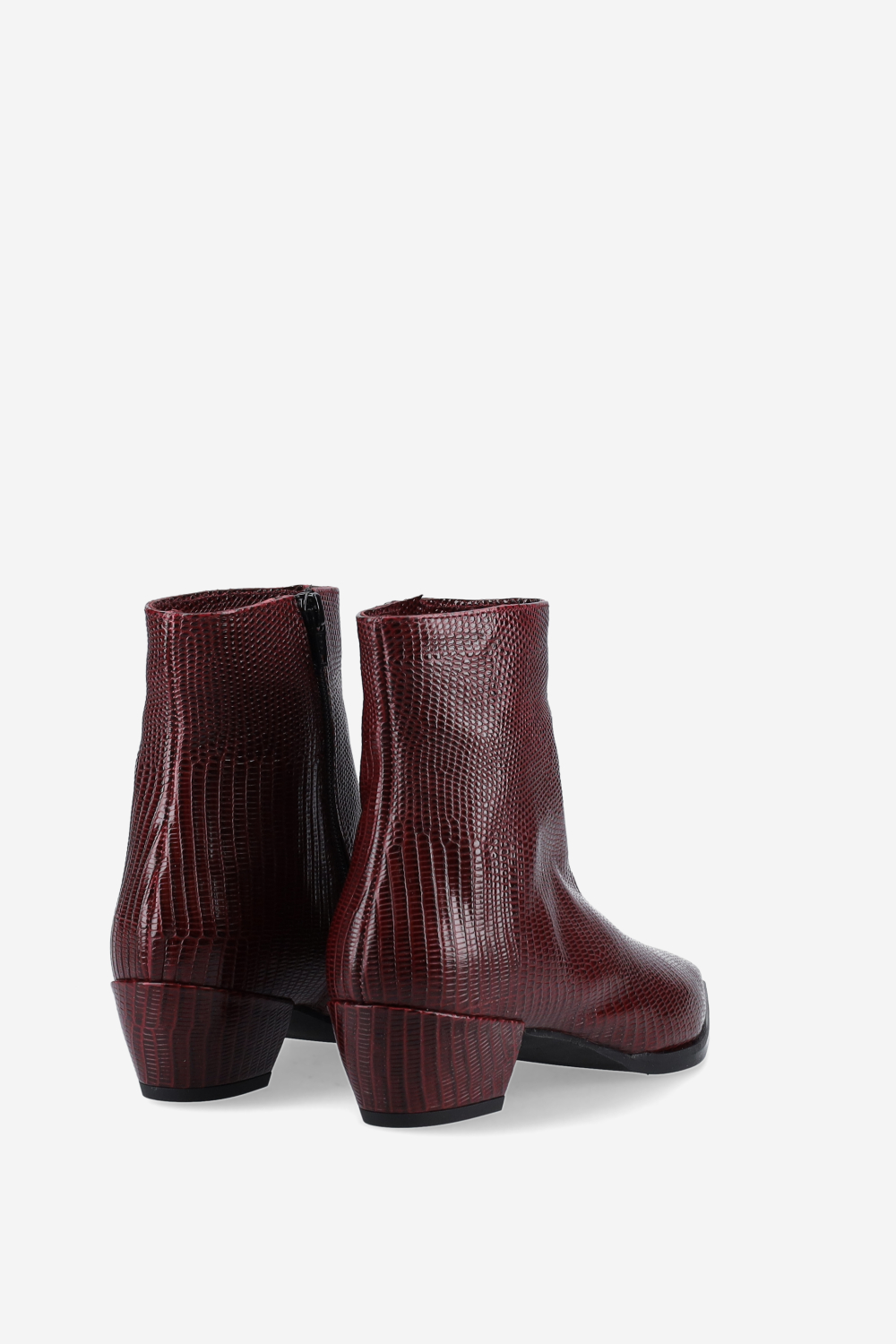 Pointed-toe croco leather ankle boots