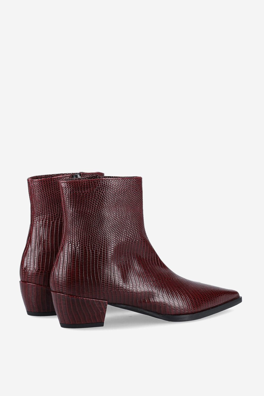 Pointed-toe croco leather ankle boots