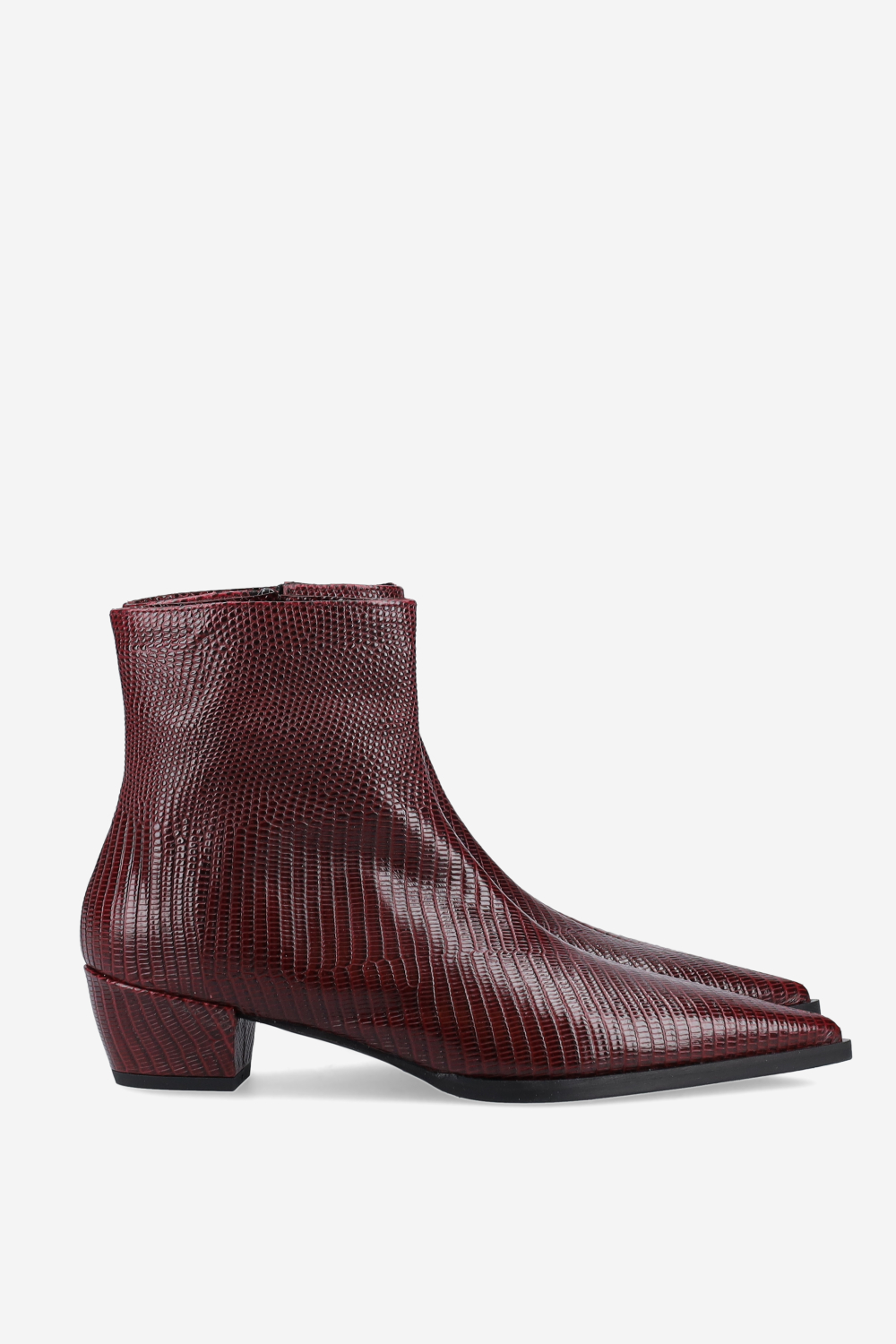 Pointed-toe croco leather ankle boots