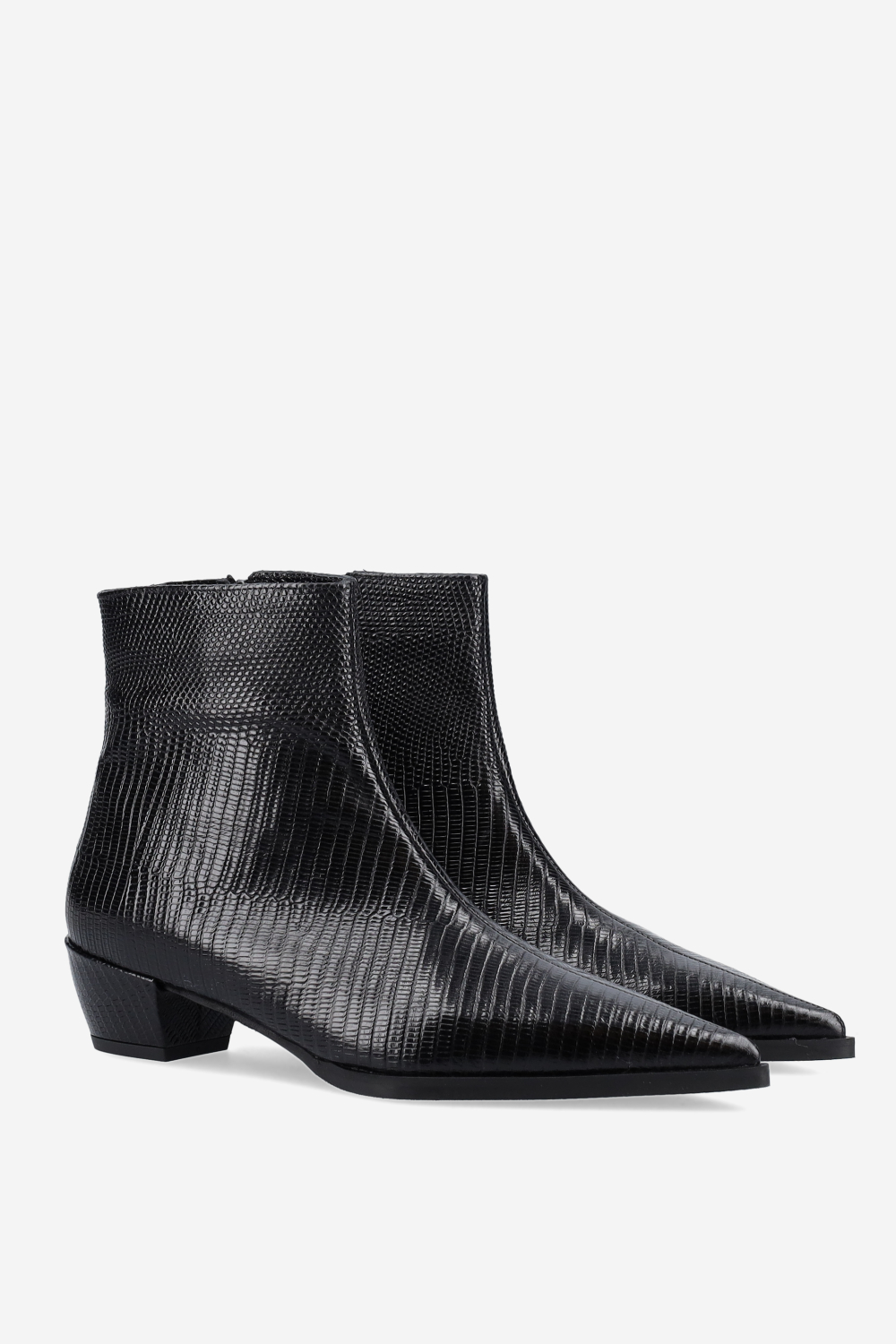 Pointed-toe croco leather ankle boots