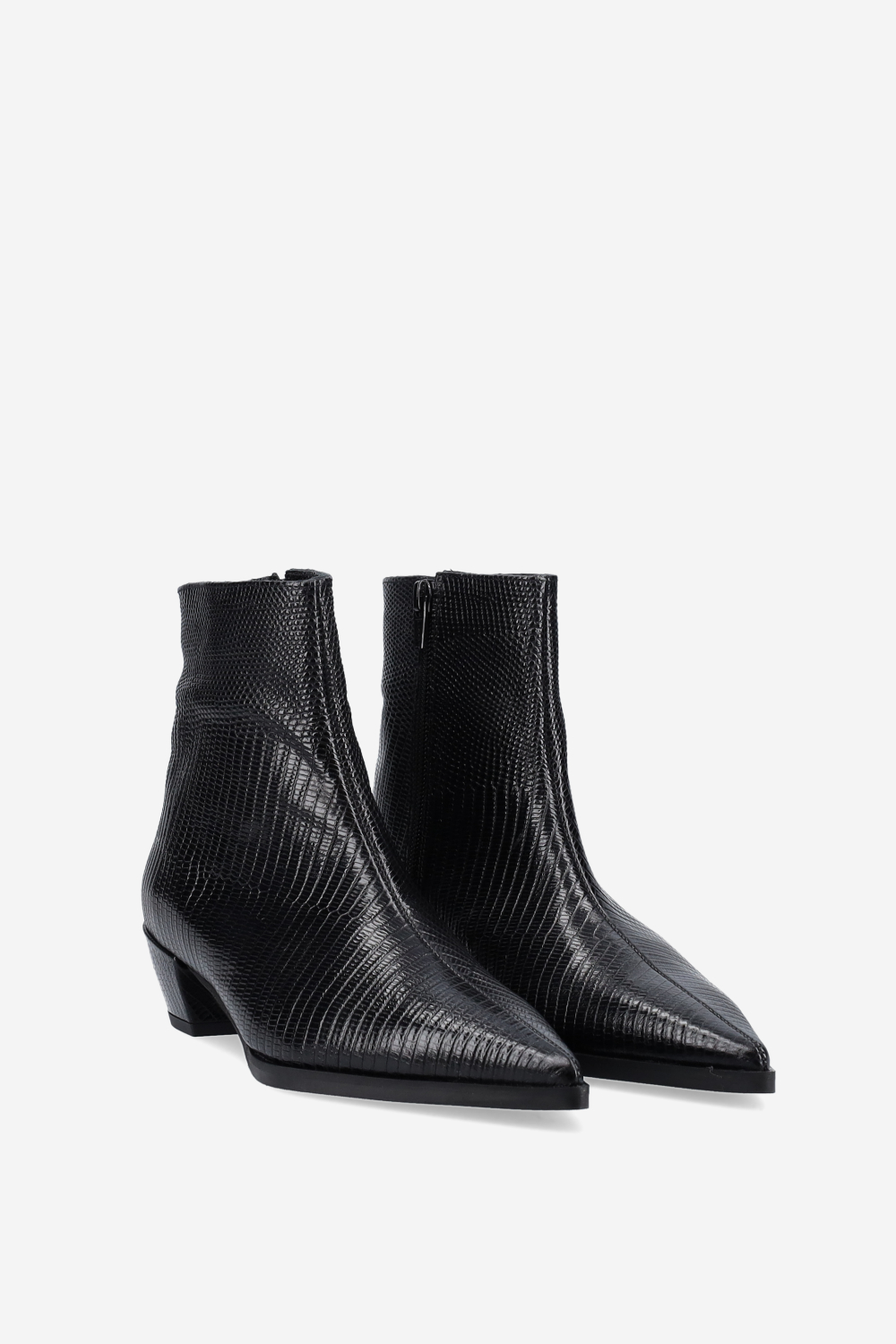 Pointed-toe croco leather ankle boots