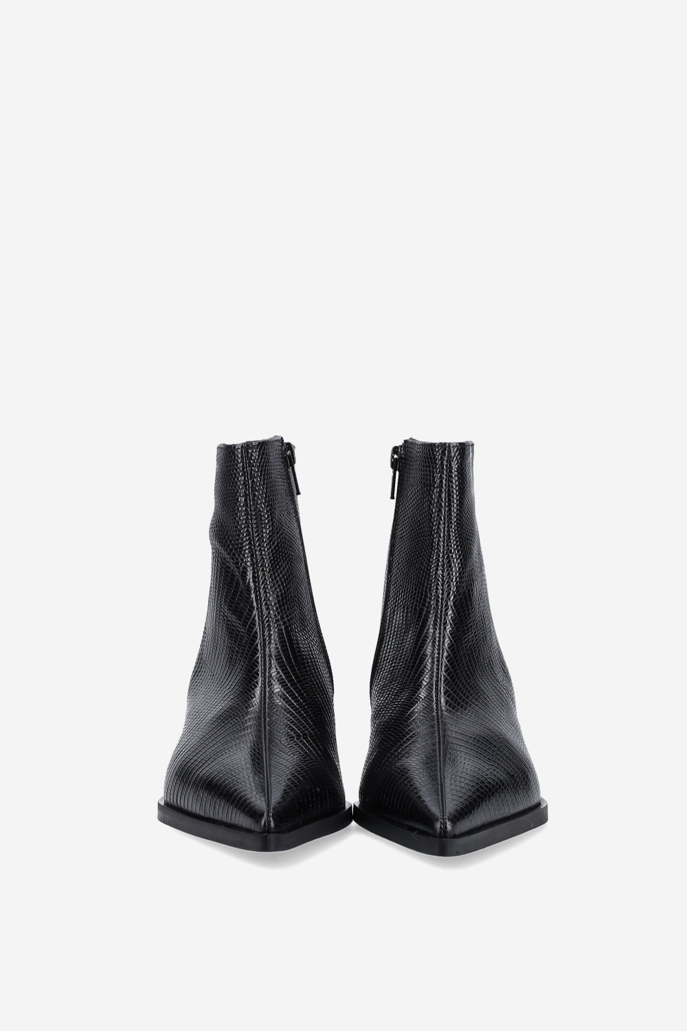 Pointed-toe croco leather ankle boots