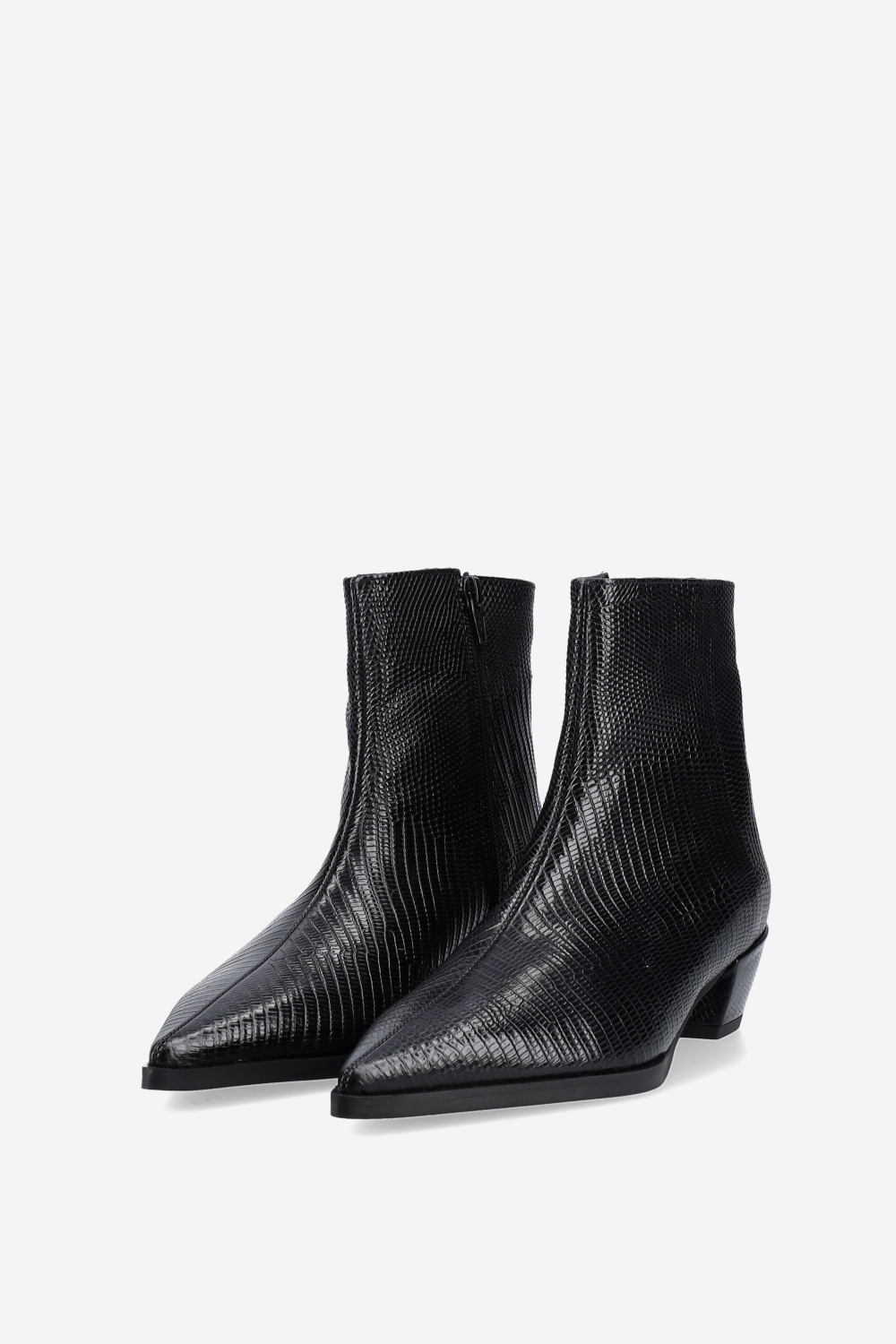 Pointed-toe croco leather ankle boots