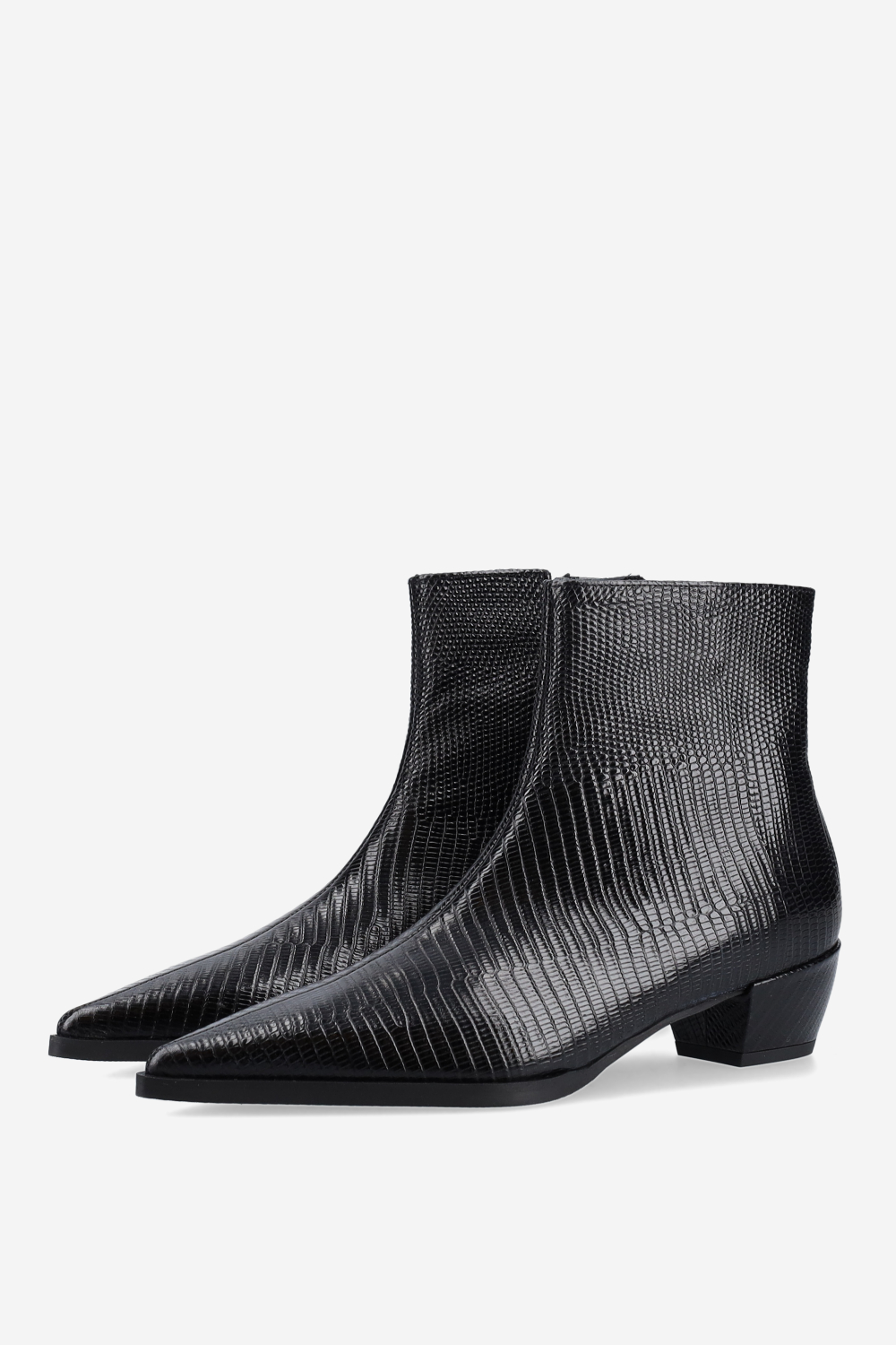 Pointed-toe croco leather ankle boots