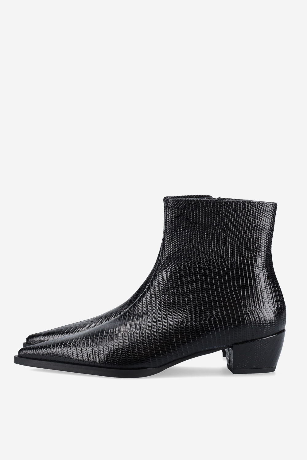 Pointed-toe croco leather ankle boots