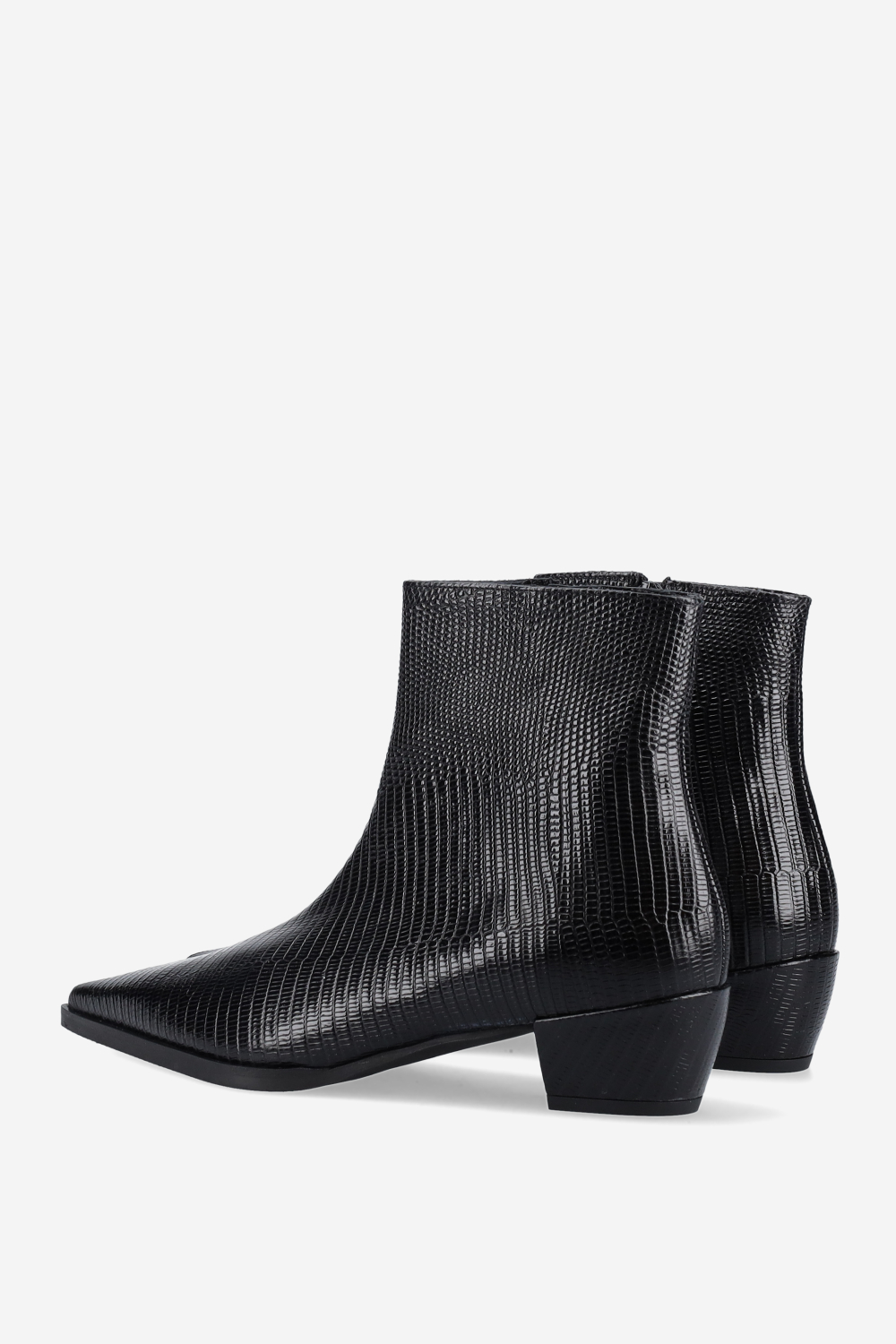 Pointed-toe croco leather ankle boots
