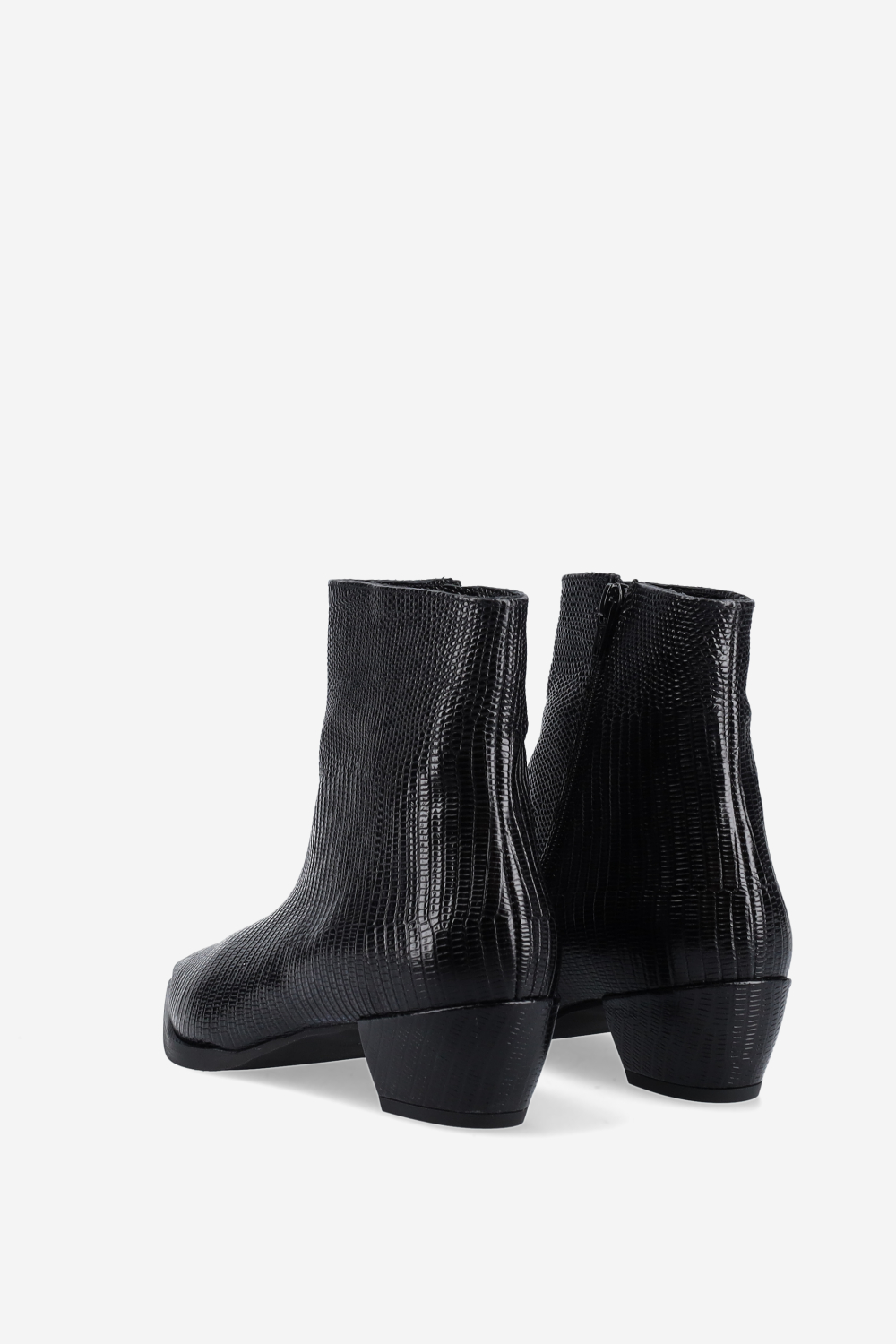 Pointed-toe croco leather ankle boots