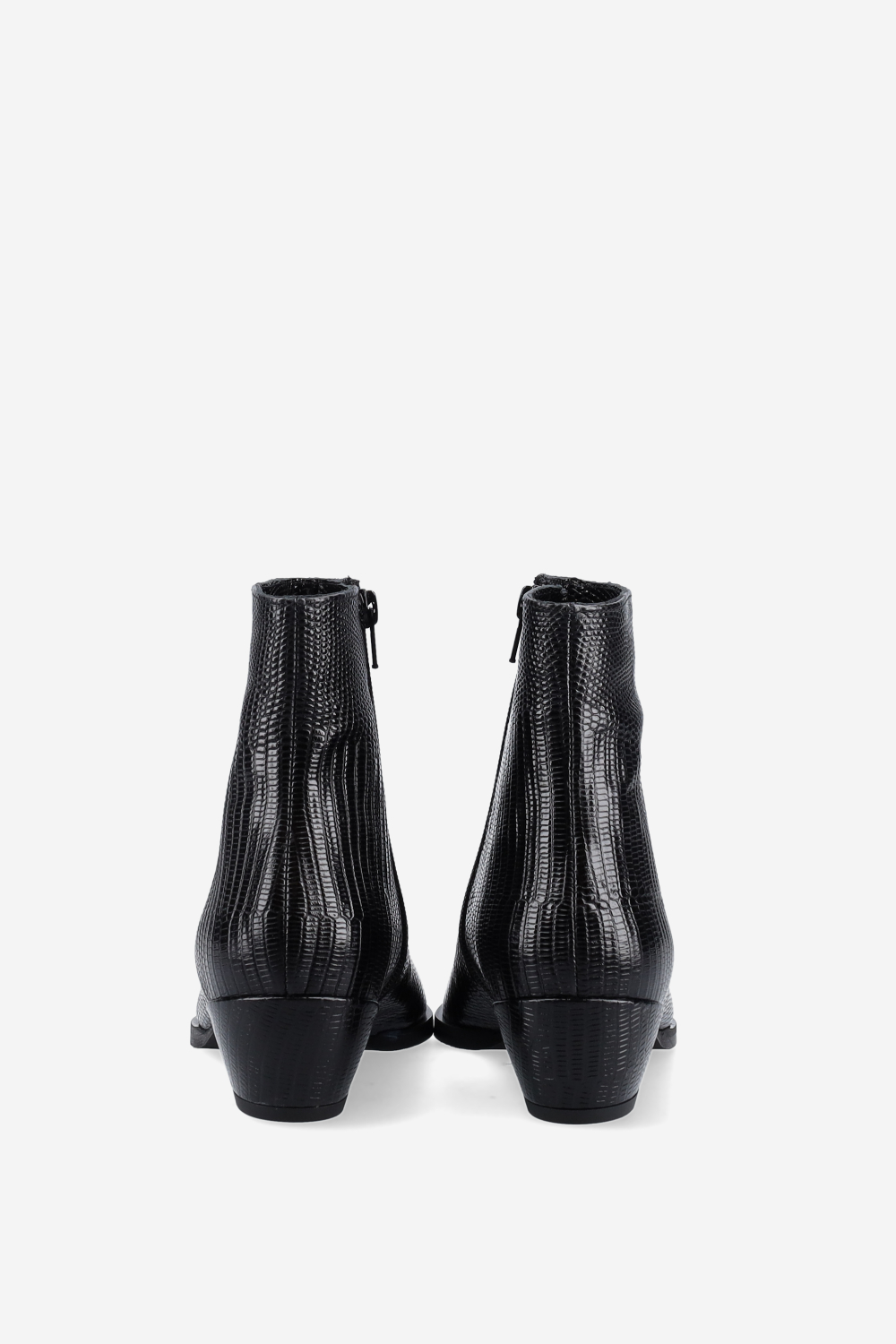 Pointed-toe croco leather ankle boots