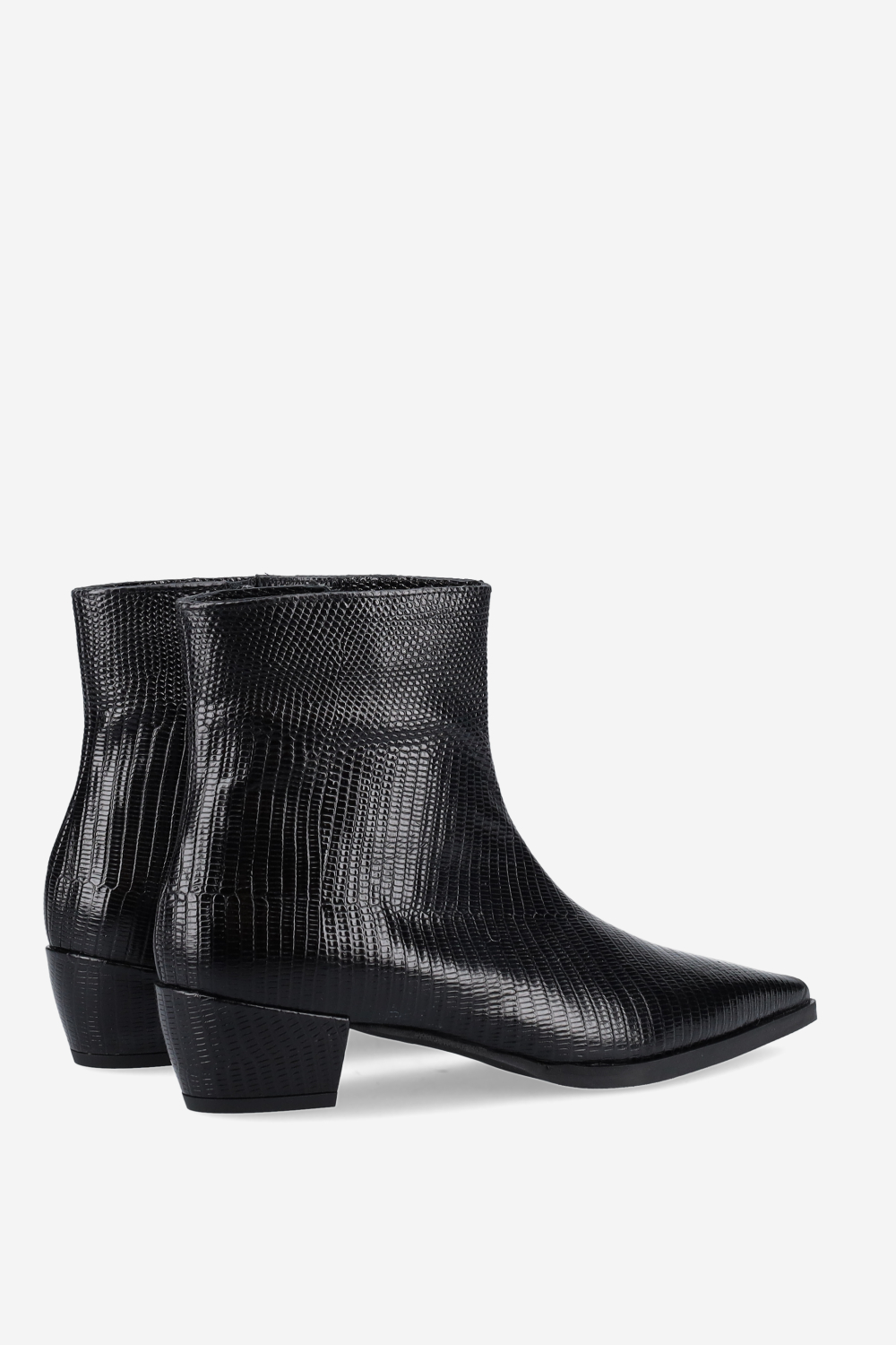 Pointed-toe croco leather ankle boots