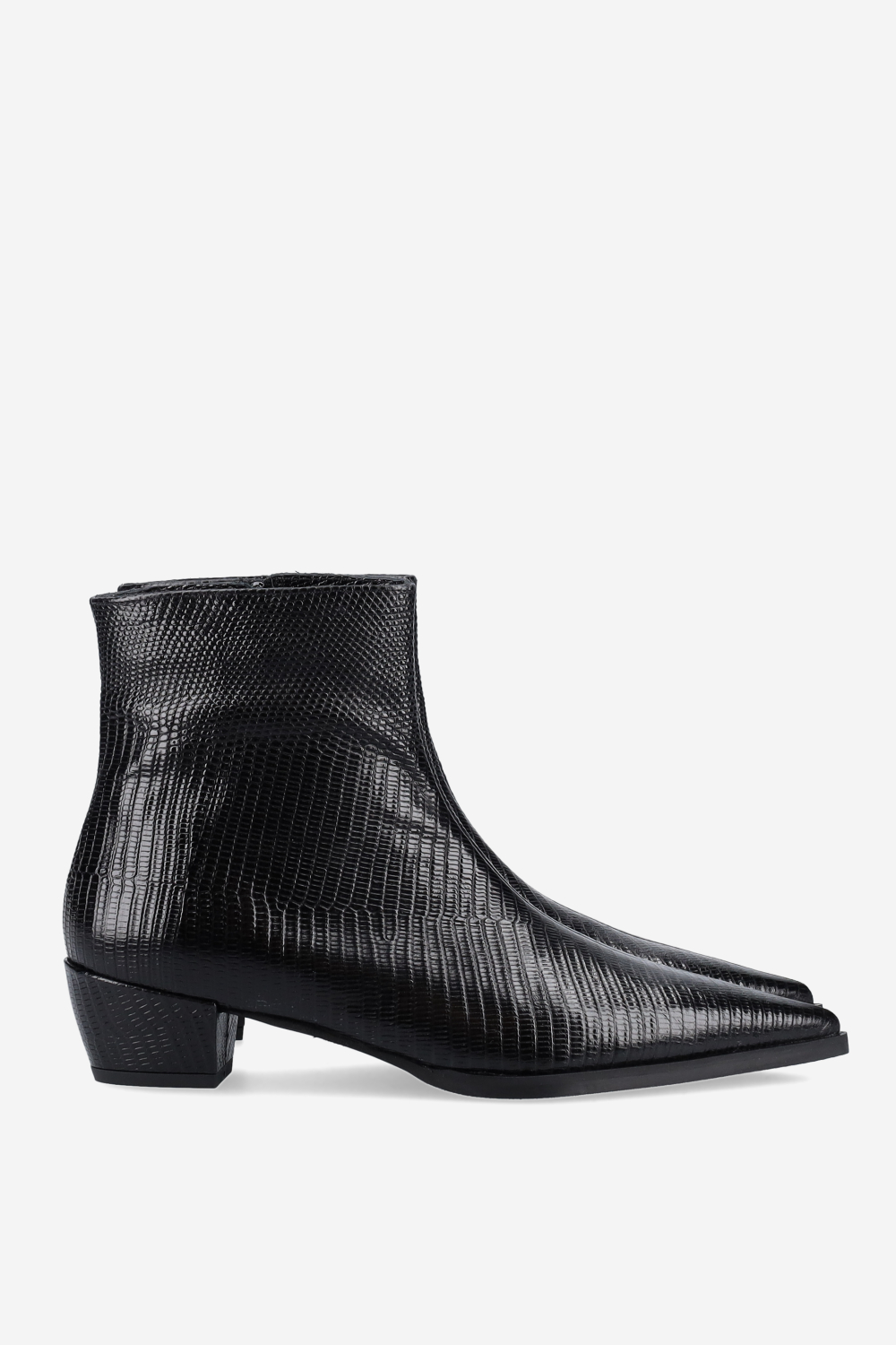 Pointed-toe croco leather ankle boots