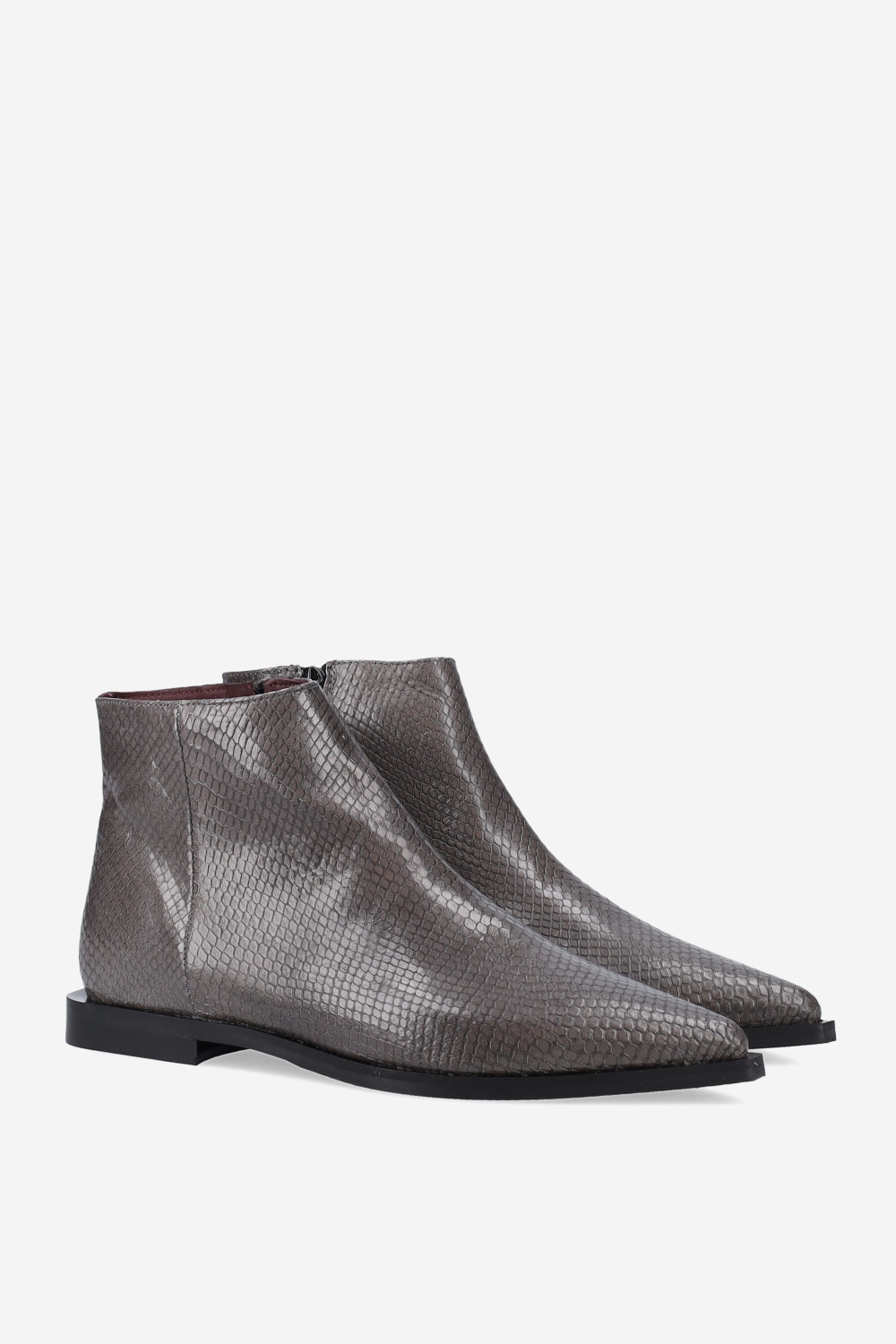 Pointed-toe croco leather ankle boots