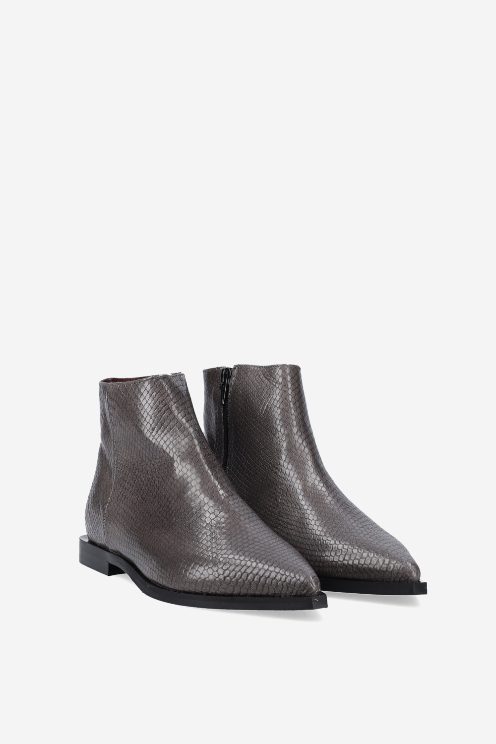 Pointed-toe croco leather ankle boots