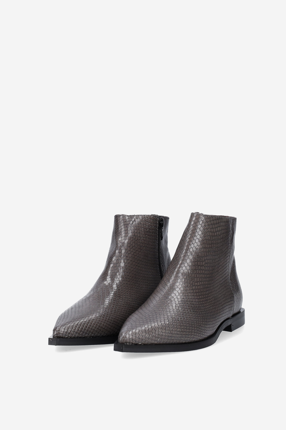 Pointed-toe croco leather ankle boots