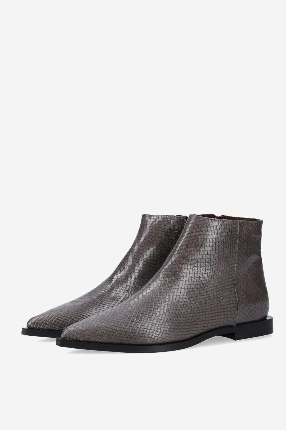 Pointed-toe croco leather ankle boots