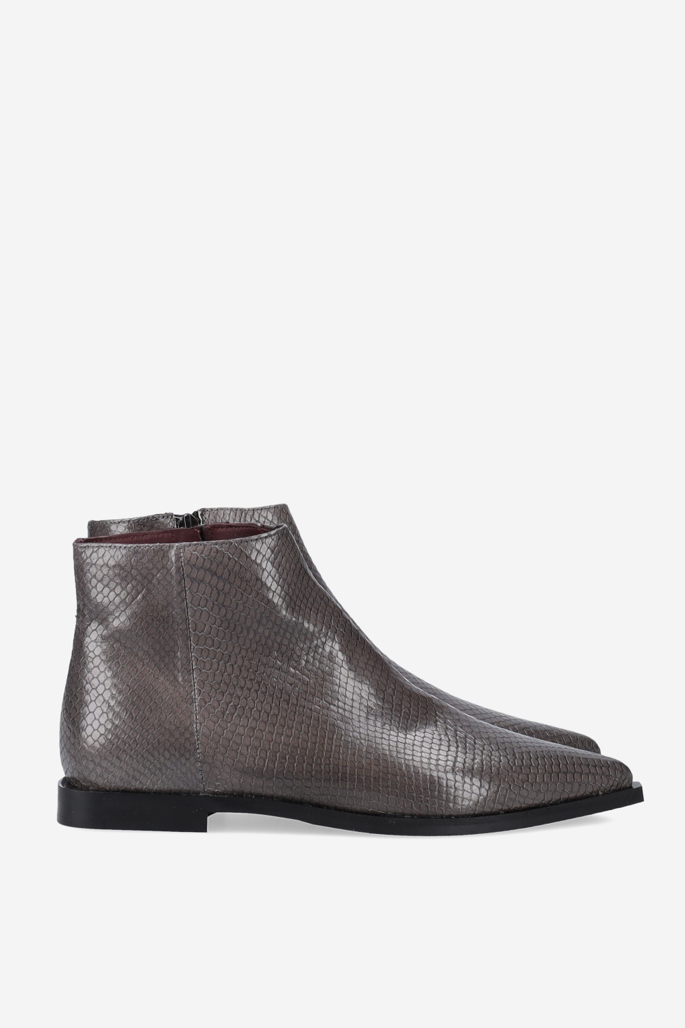 Pointed-toe croco leather ankle boots