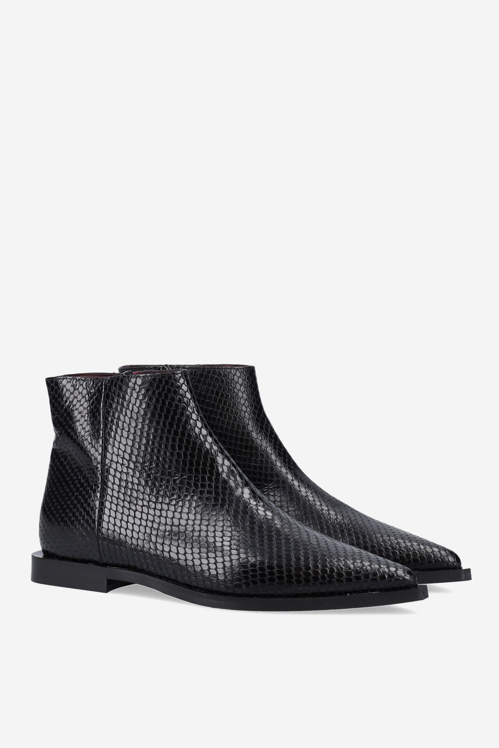 Pointed-toe croco leather ankle boots