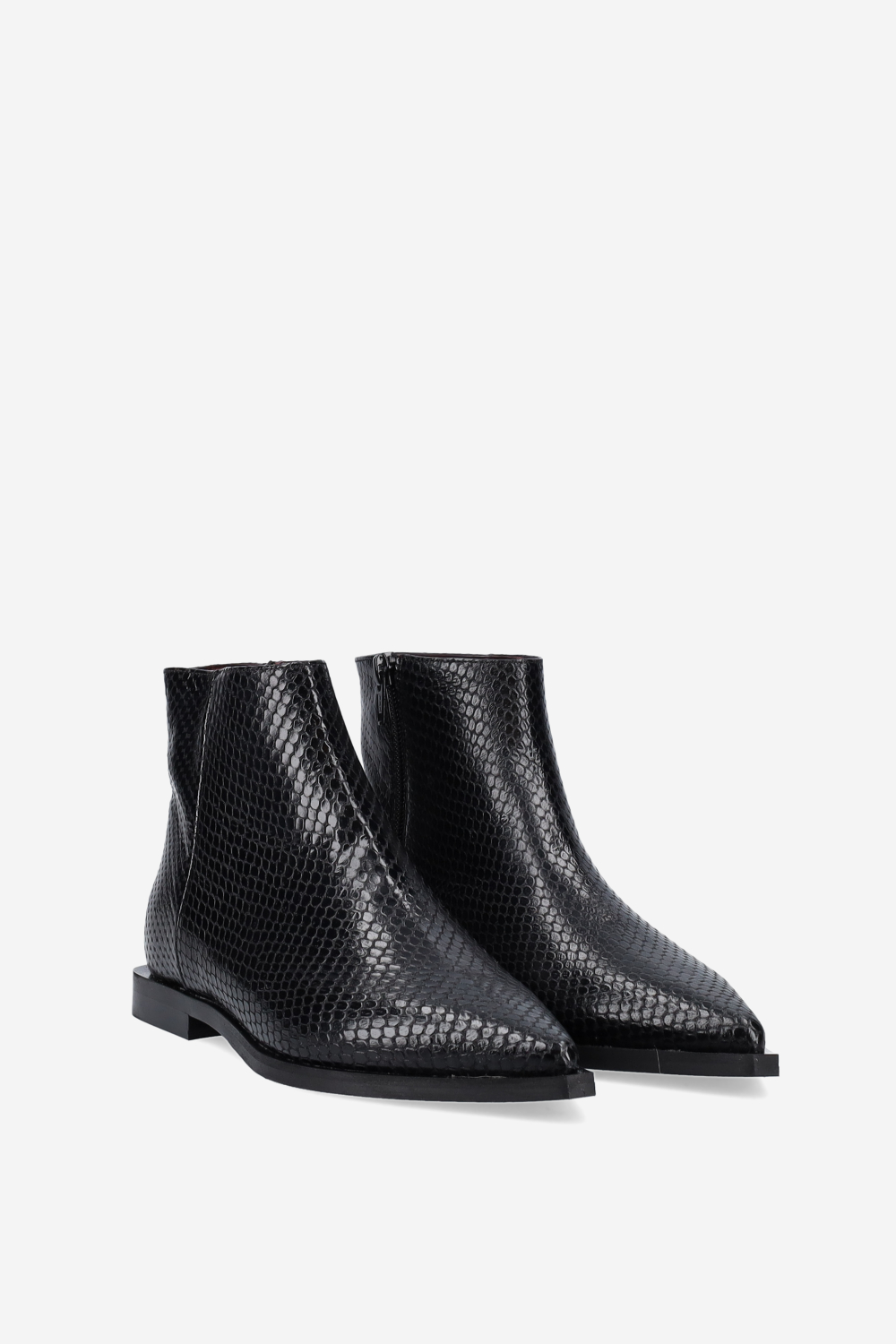Pointed-toe croco leather ankle boots