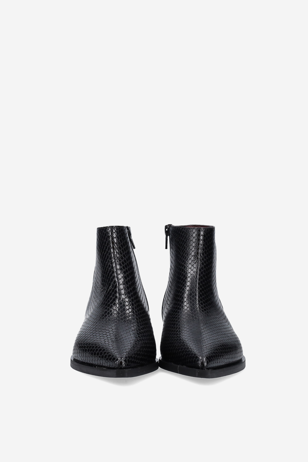 Pointed-toe croco leather ankle boots