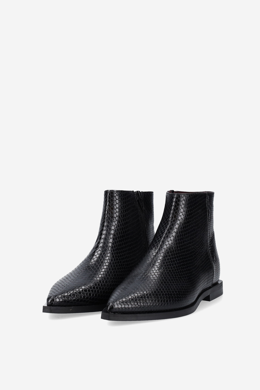 Pointed-toe croco leather ankle boots