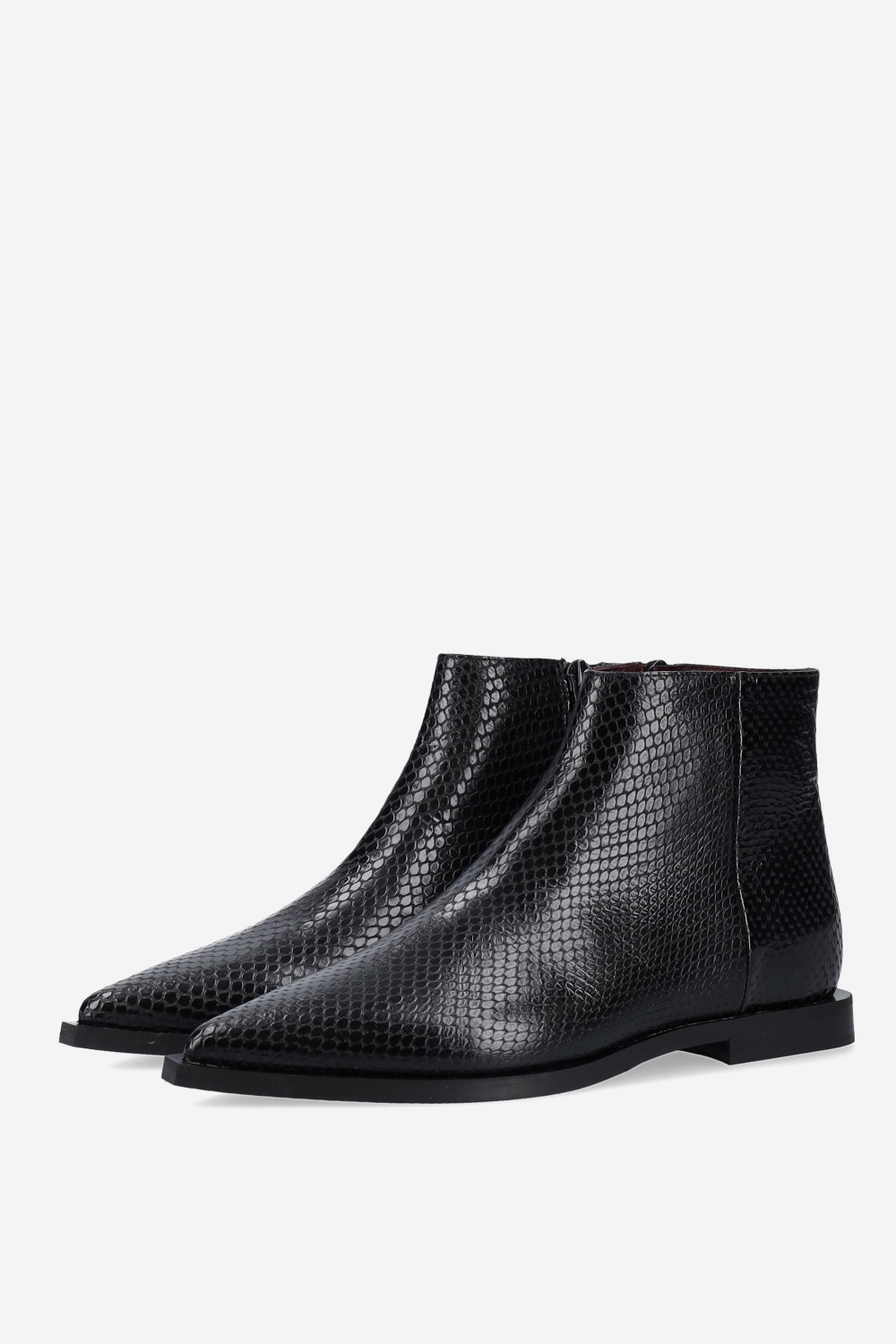 Pointed-toe croco leather ankle boots
