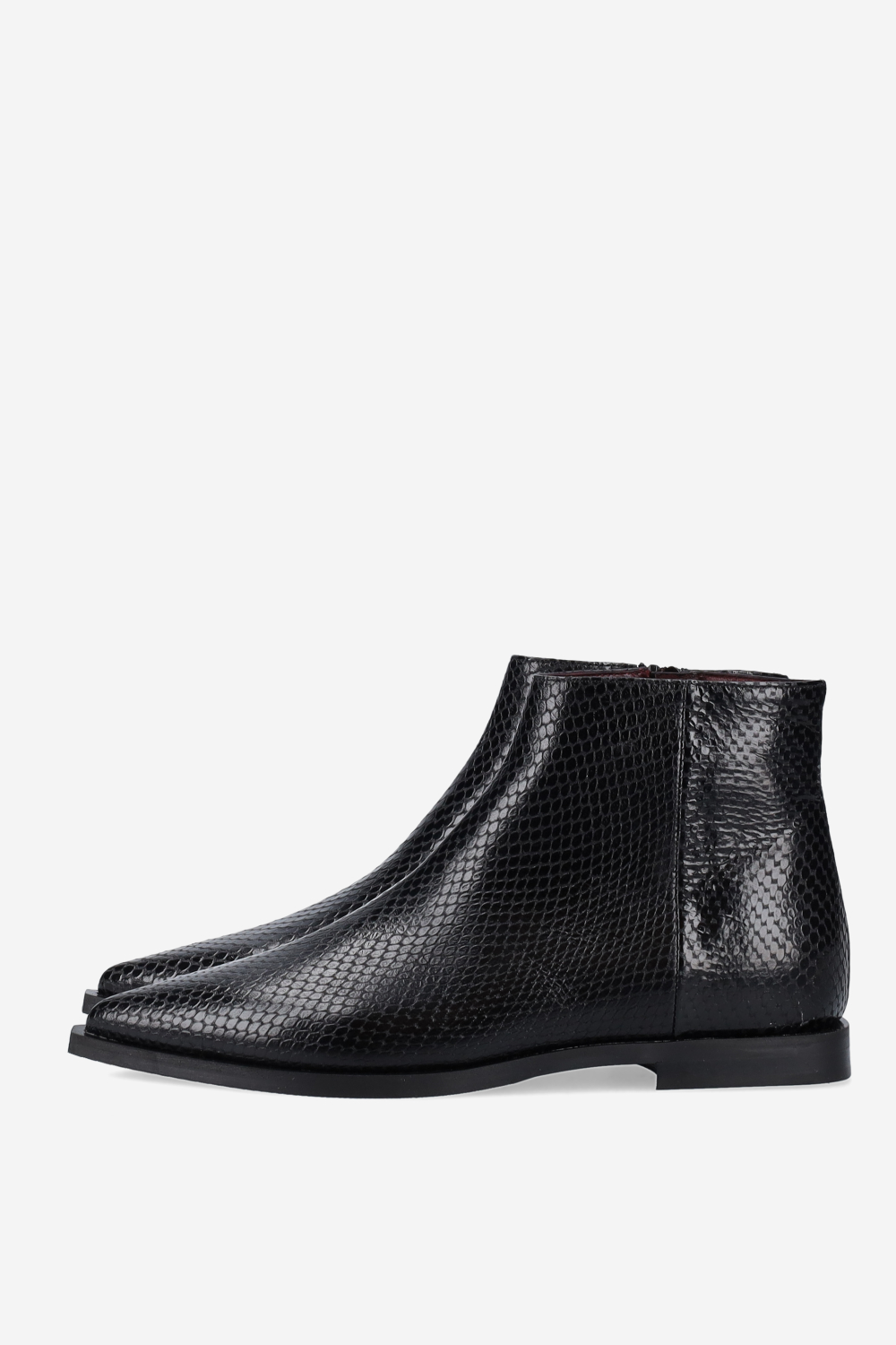 Pointed-toe croco leather ankle boots
