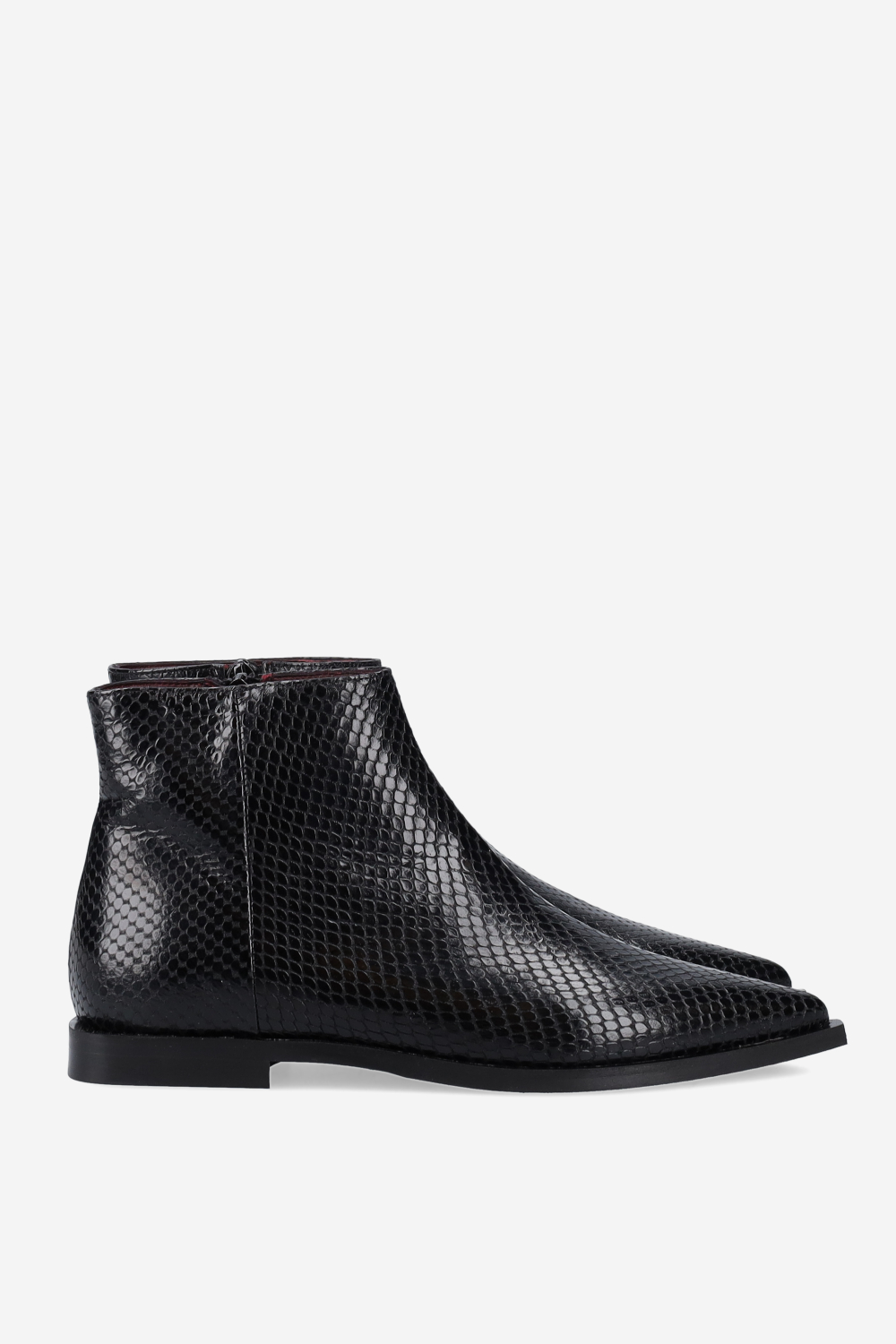 Pointed-toe croco leather ankle boots