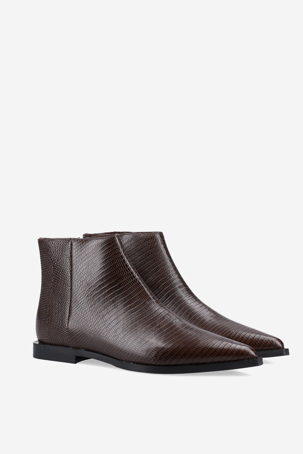 Pointed-toe croco leather ankle boots