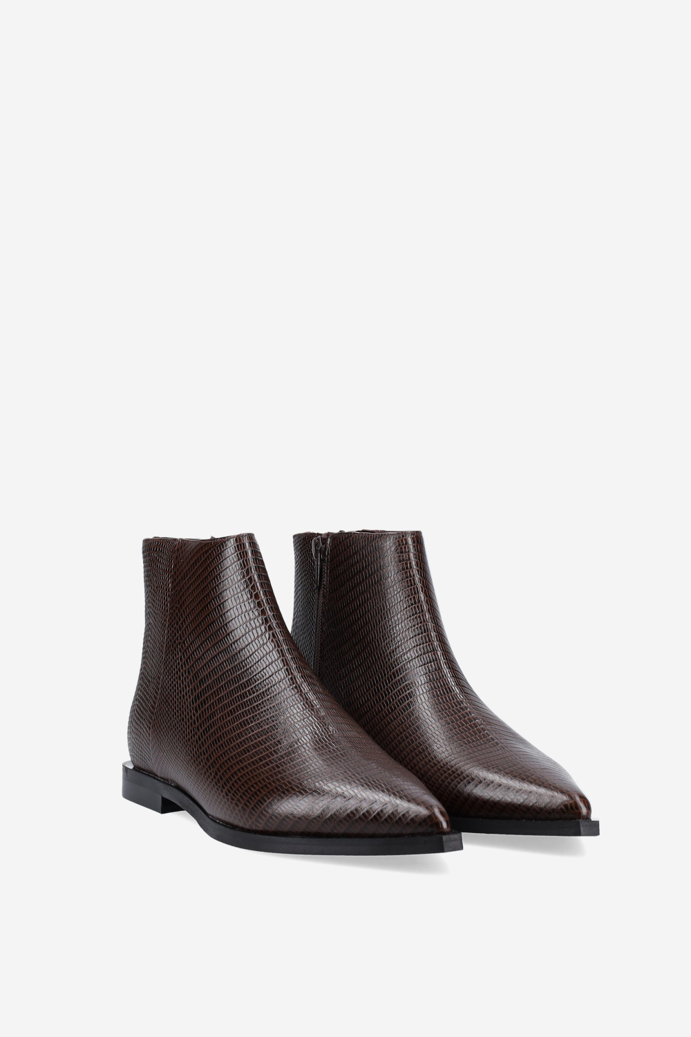 Pointed-toe croco leather ankle boots