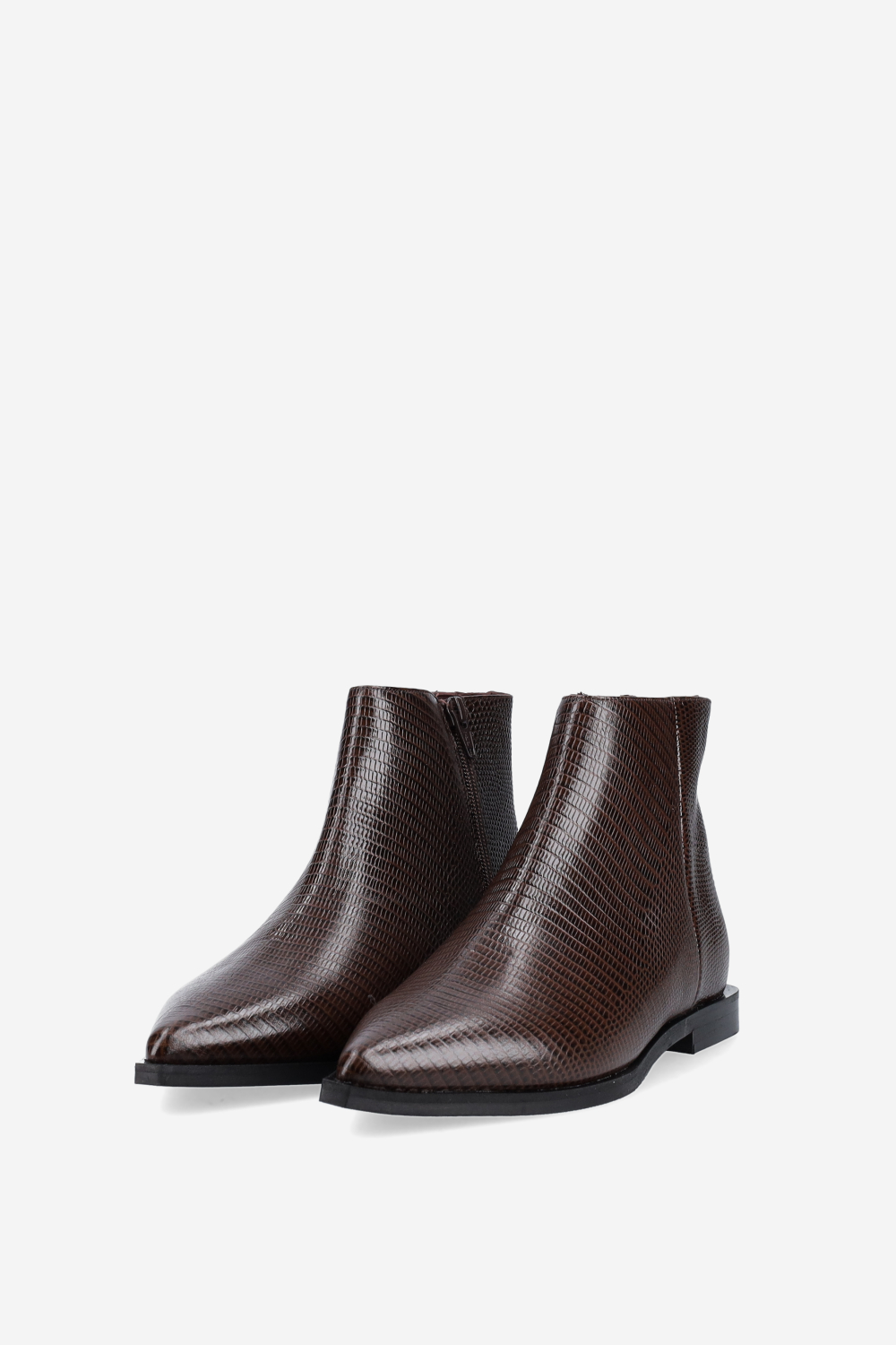 Pointed-toe croco leather ankle boots