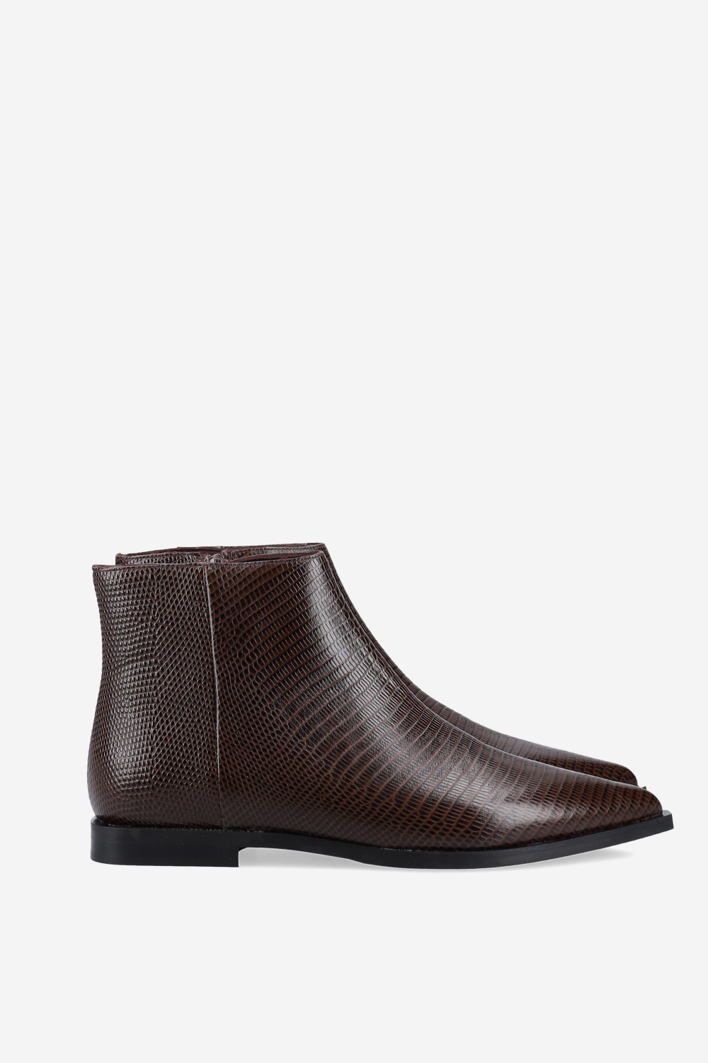 Pointed-toe croco leather ankle boots